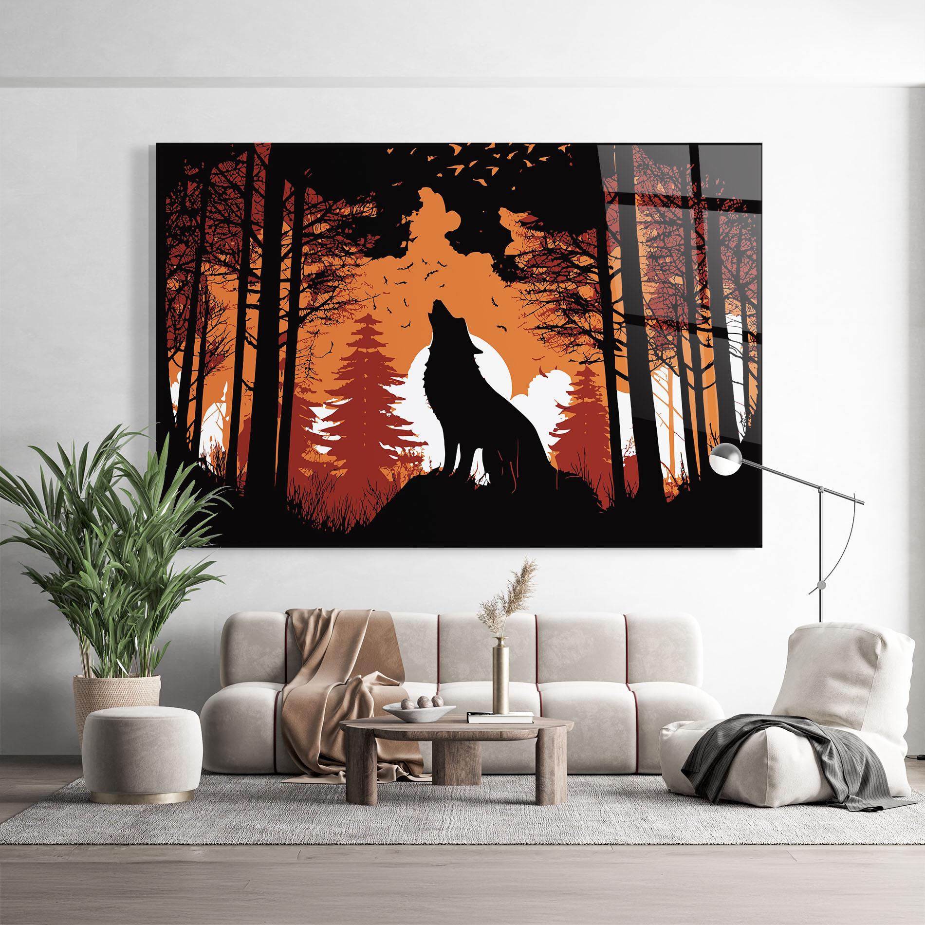 Tablou Sticla Orange Sky Wolf mockup 9