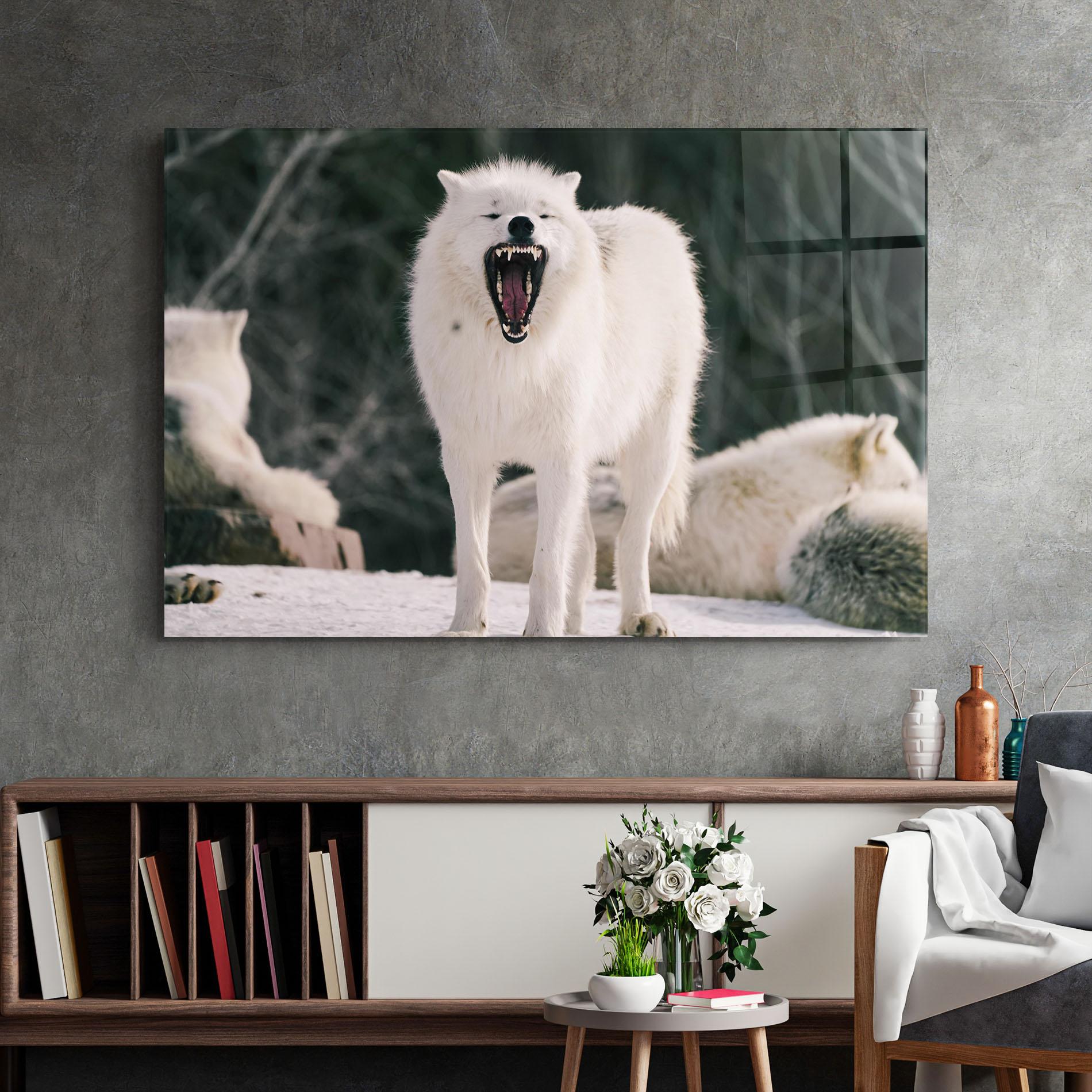 Tablou Sticla Laughing White Wolf mockup 2