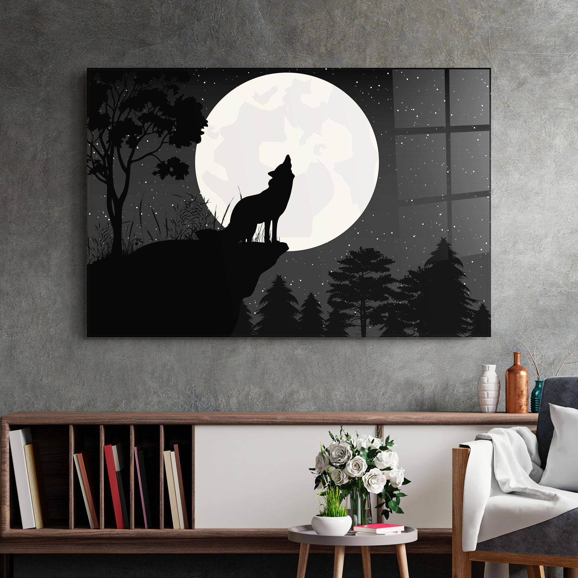 Tablou Sticla Moon Wolf Silhouette mockup 2