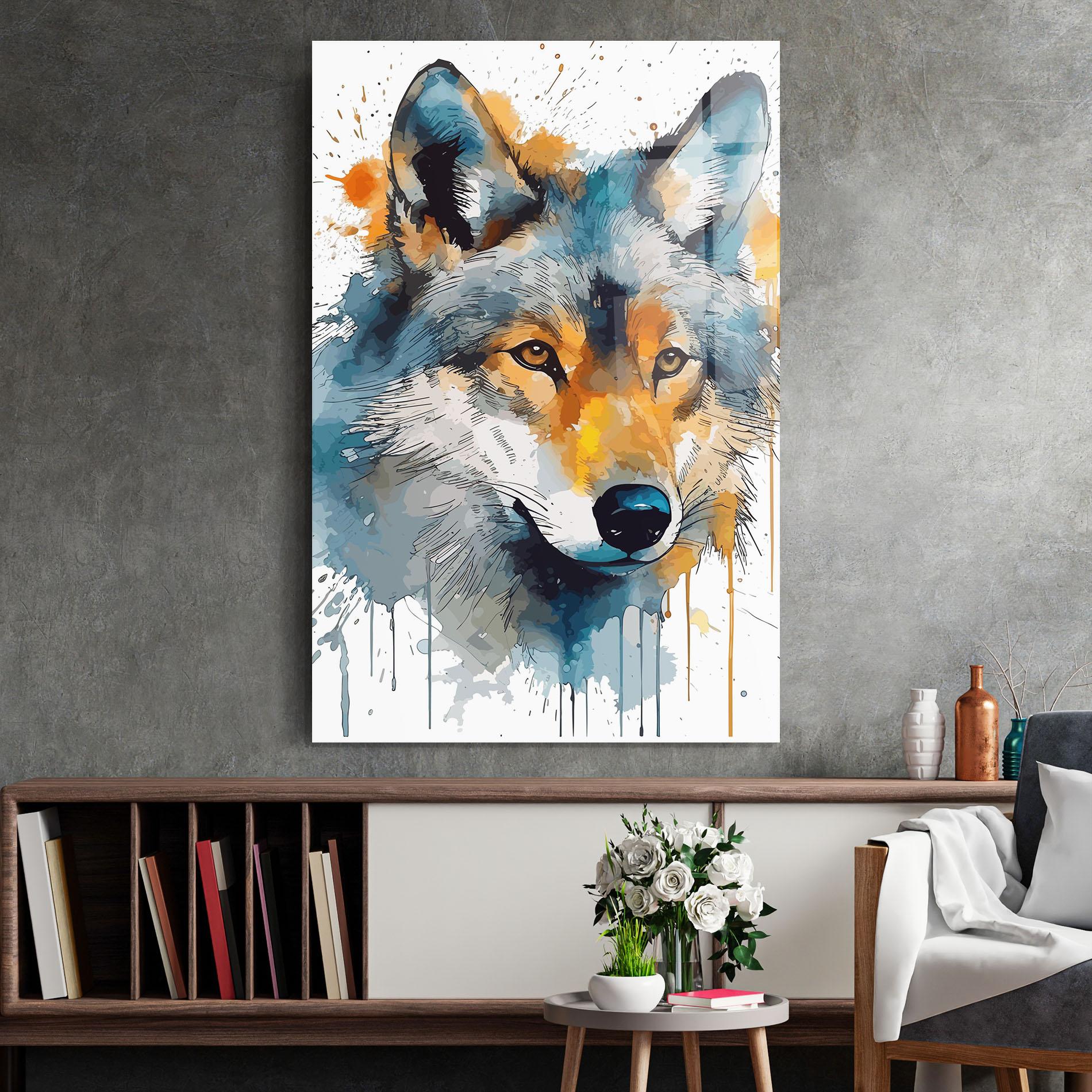 Tablou Sticla Orange Watercolor Wolf mockup 2