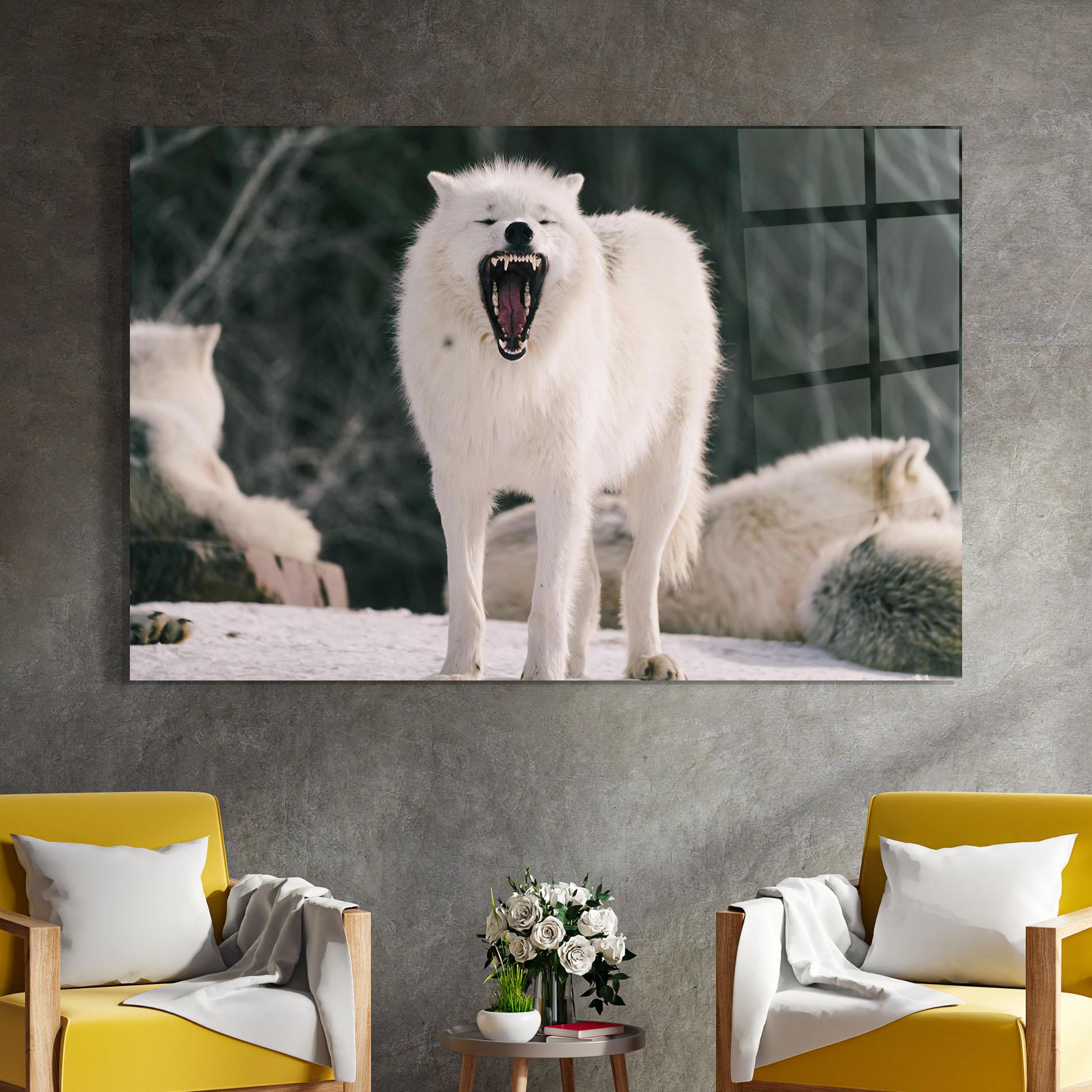 Tablou Sticla Laughing White Wolf mockup 4