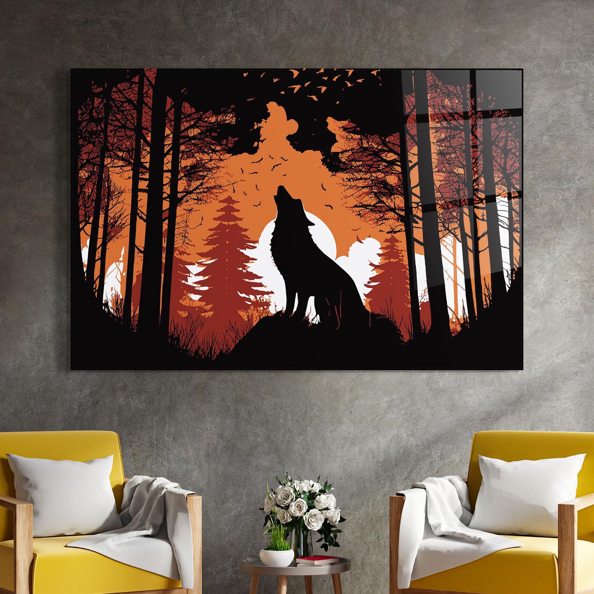 Tablou Sticla Orange Sky Wolf mockup 4