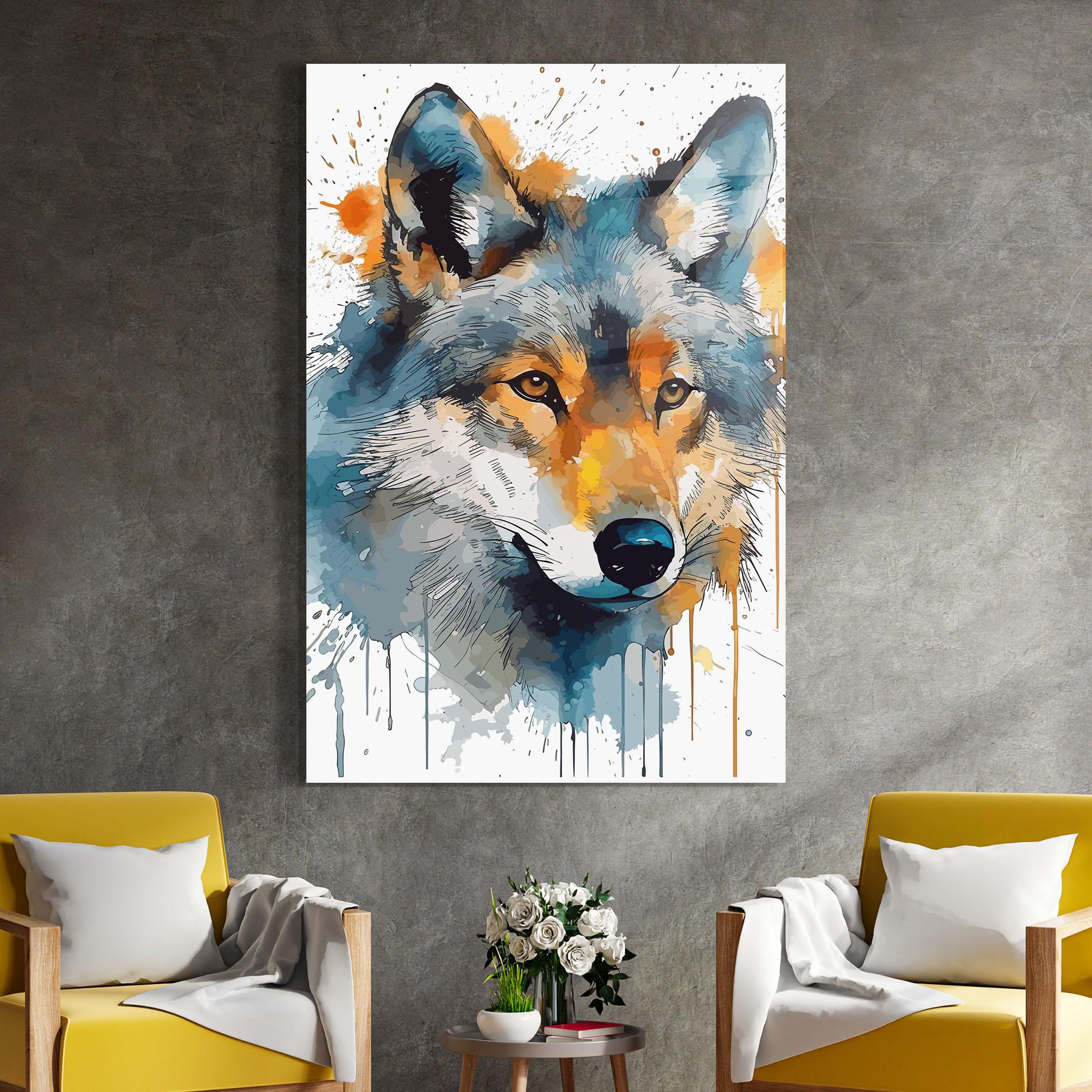 Tablou Sticla Orange Watercolor Wolf mockup 4