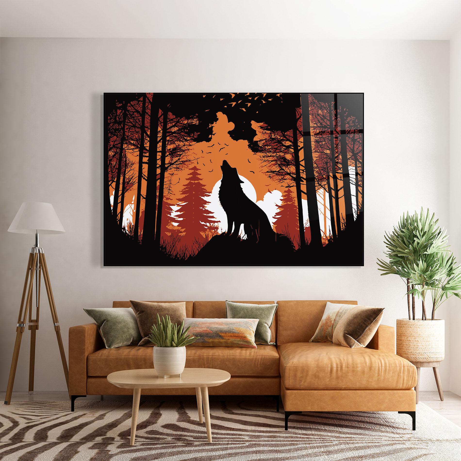 Tablou Sticla Orange Sky Wolf mockup 7