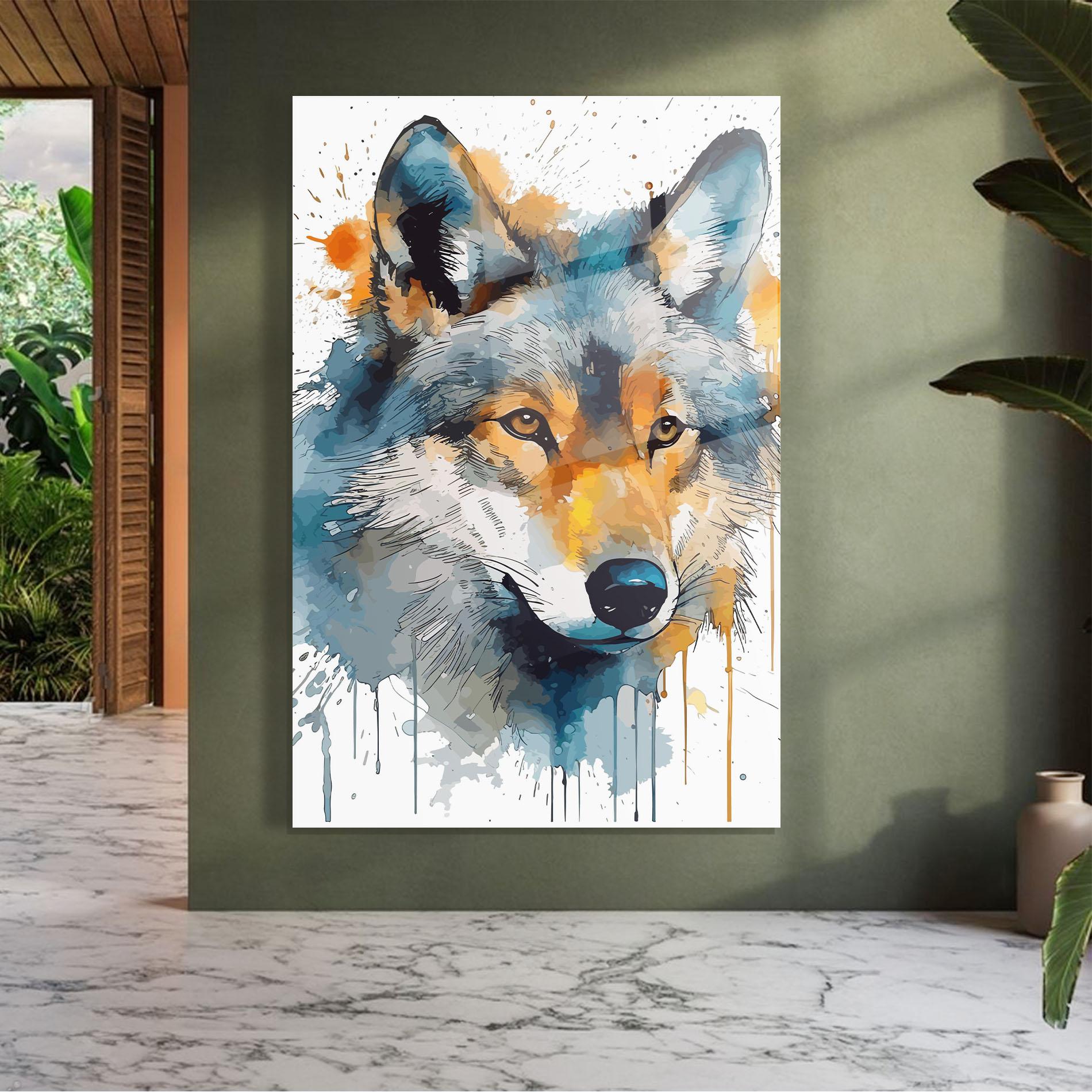 Tablou Sticla Orange Watercolor Wolf mockup 7