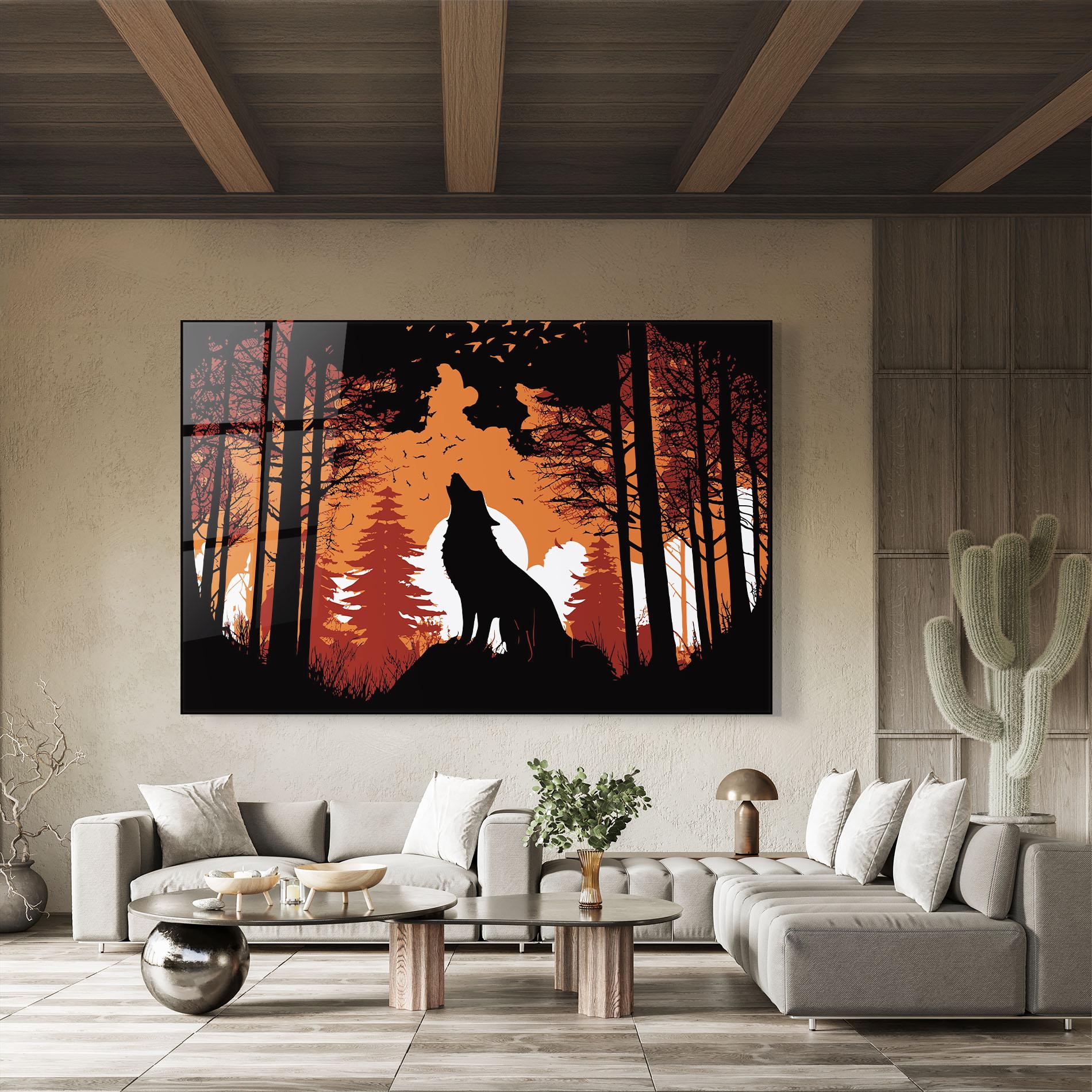 Tablou Sticla Orange Sky Wolf mockup 8