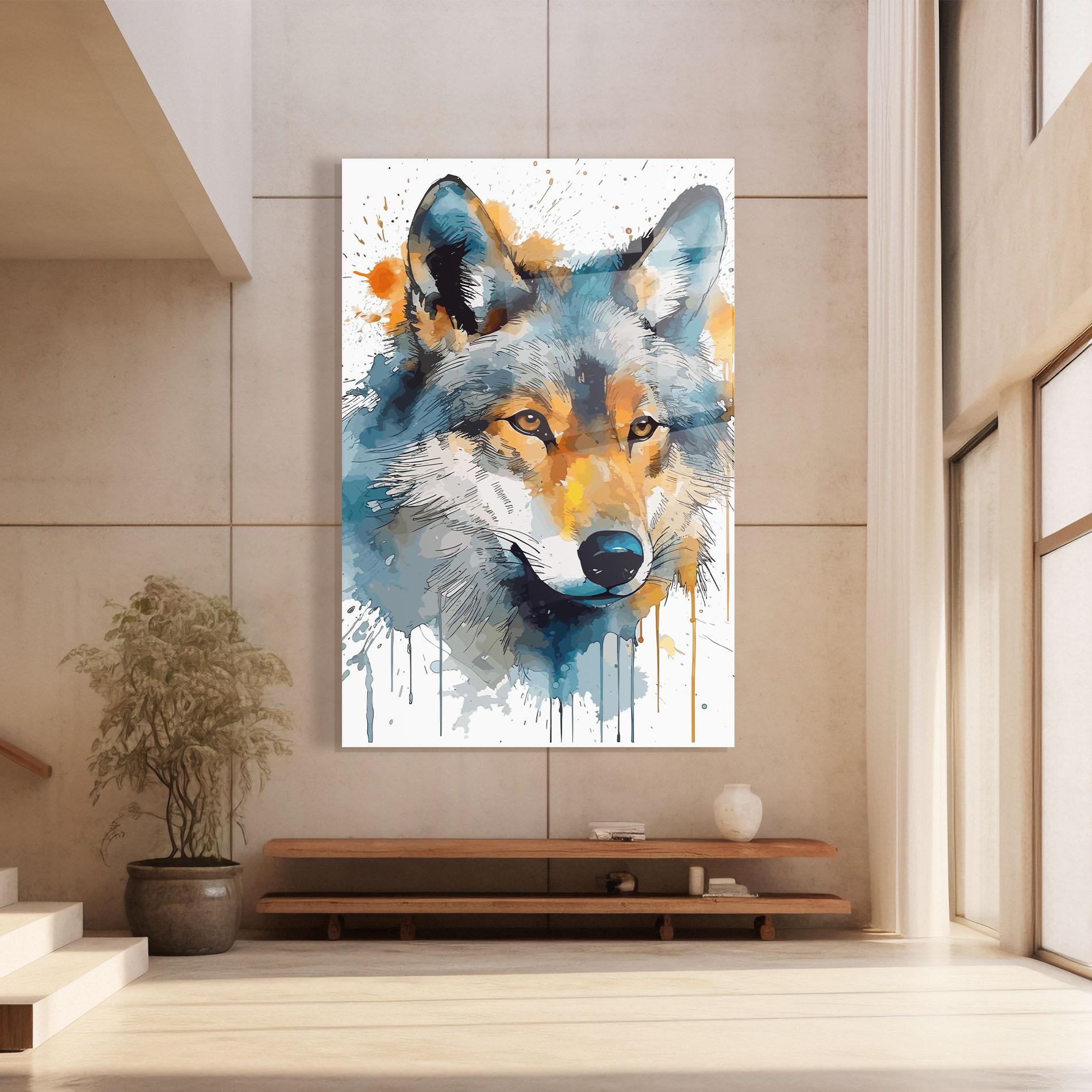 Tablou Sticla Orange Watercolor Wolf mockup 8