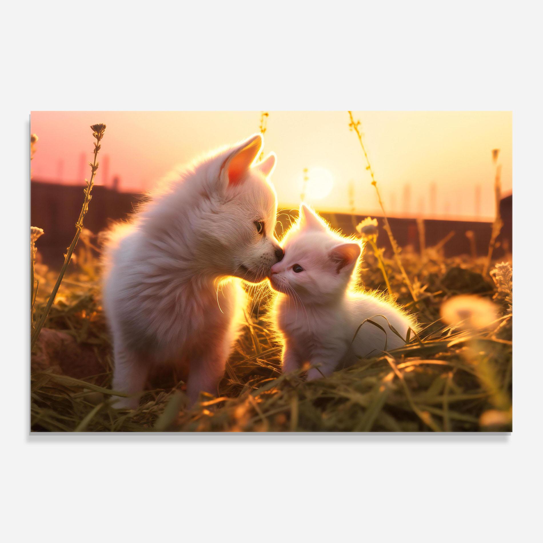 Tablou Sticla White Cat And Puppy mockup 0