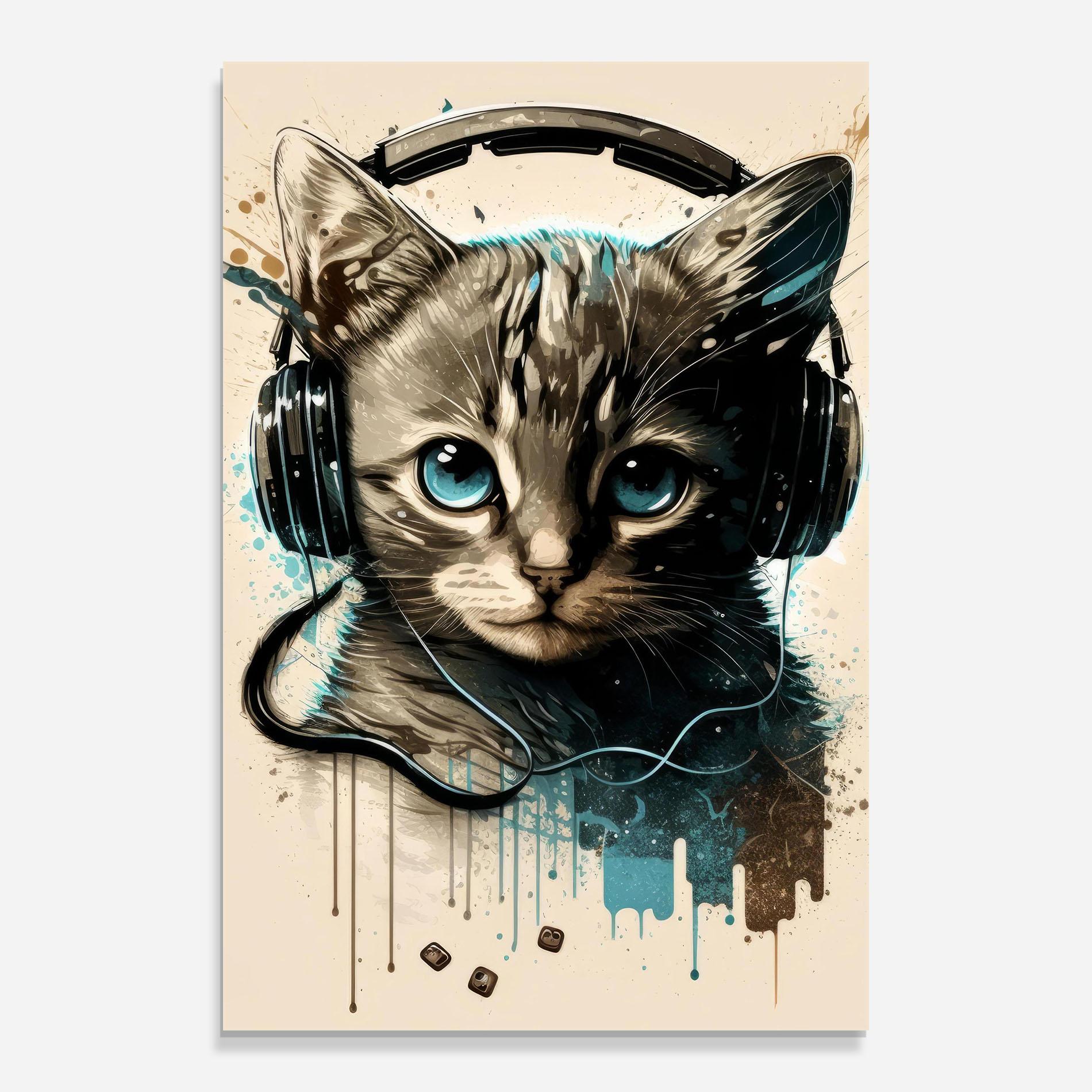 Tablou Sticla Headphones Cute Cat mockup 0