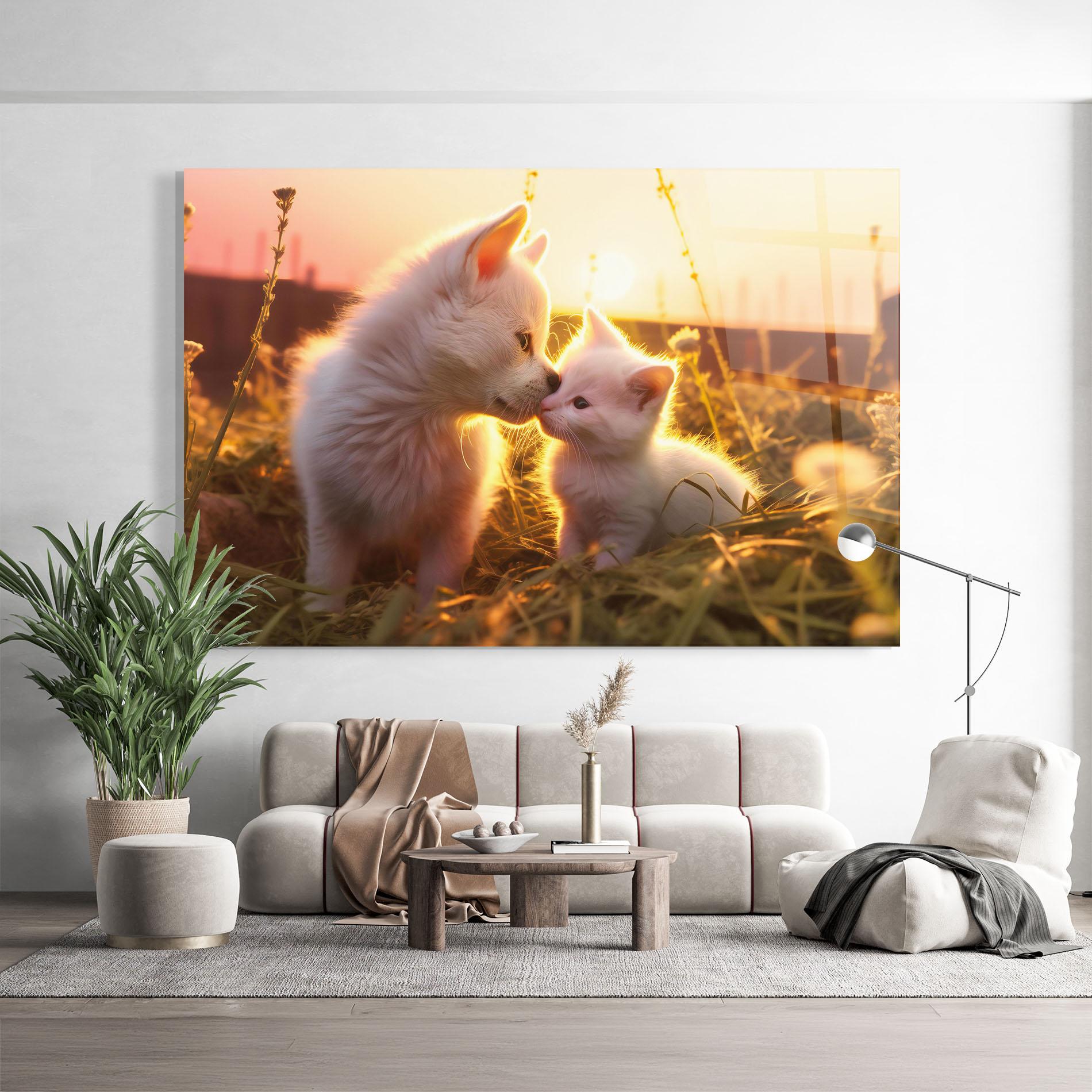 Tablou Sticla White Cat And Puppy mockup 9