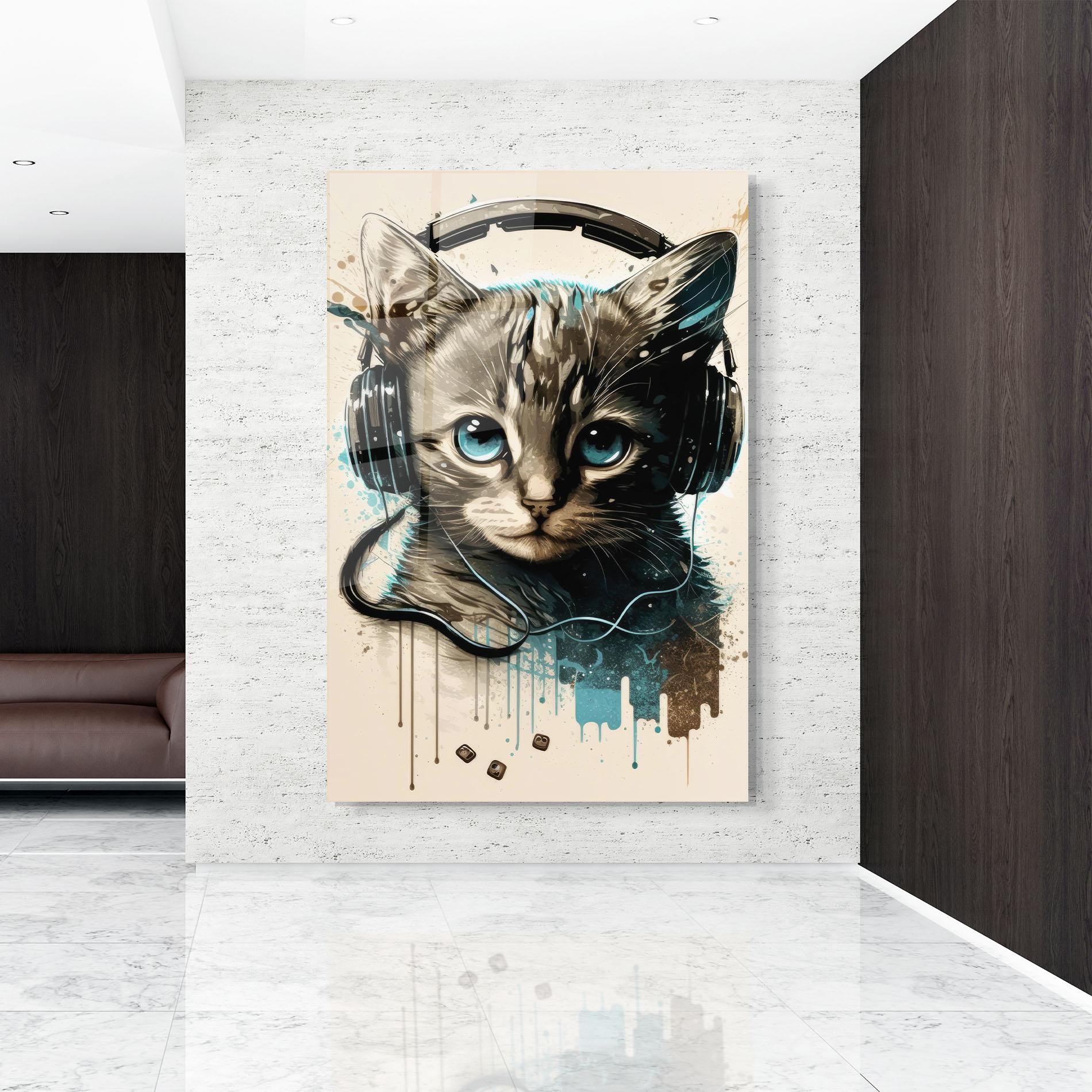 Tablou Sticla Headphones Cute Cat mockup 9