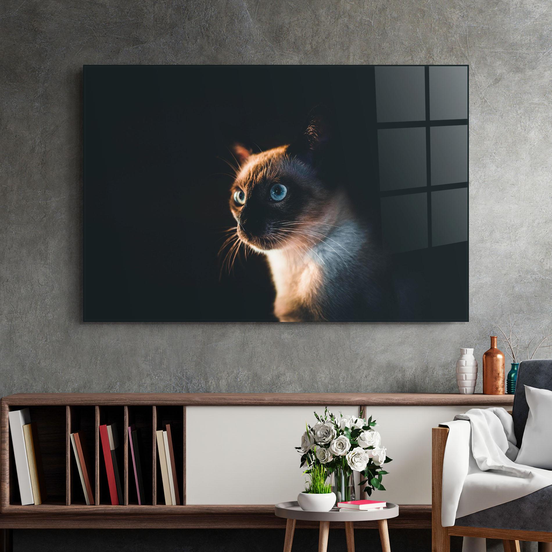 Tablou Sticla Blue Eyes Cat In Dark mockup 2