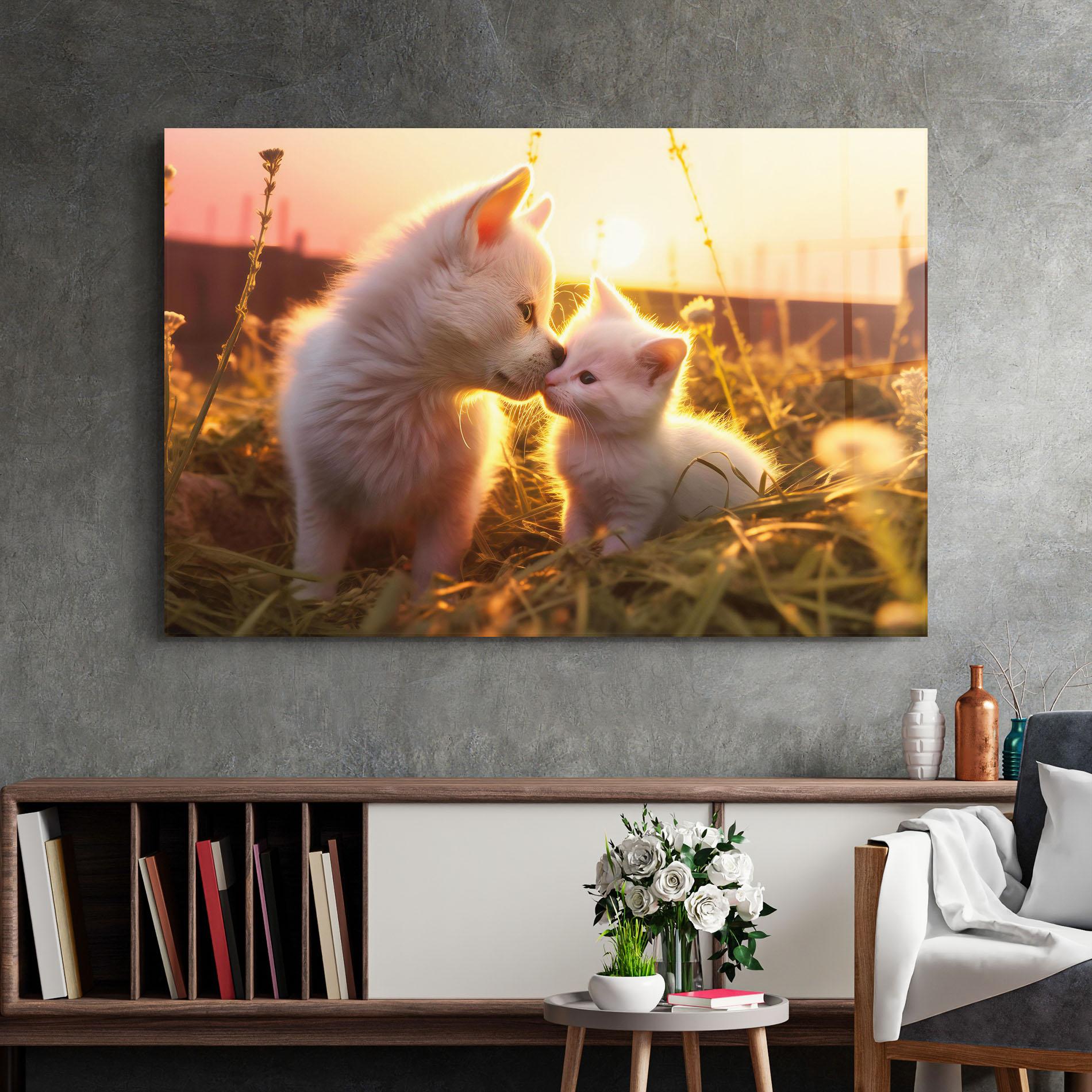 Tablou Sticla White Cat And Puppy mockup 2