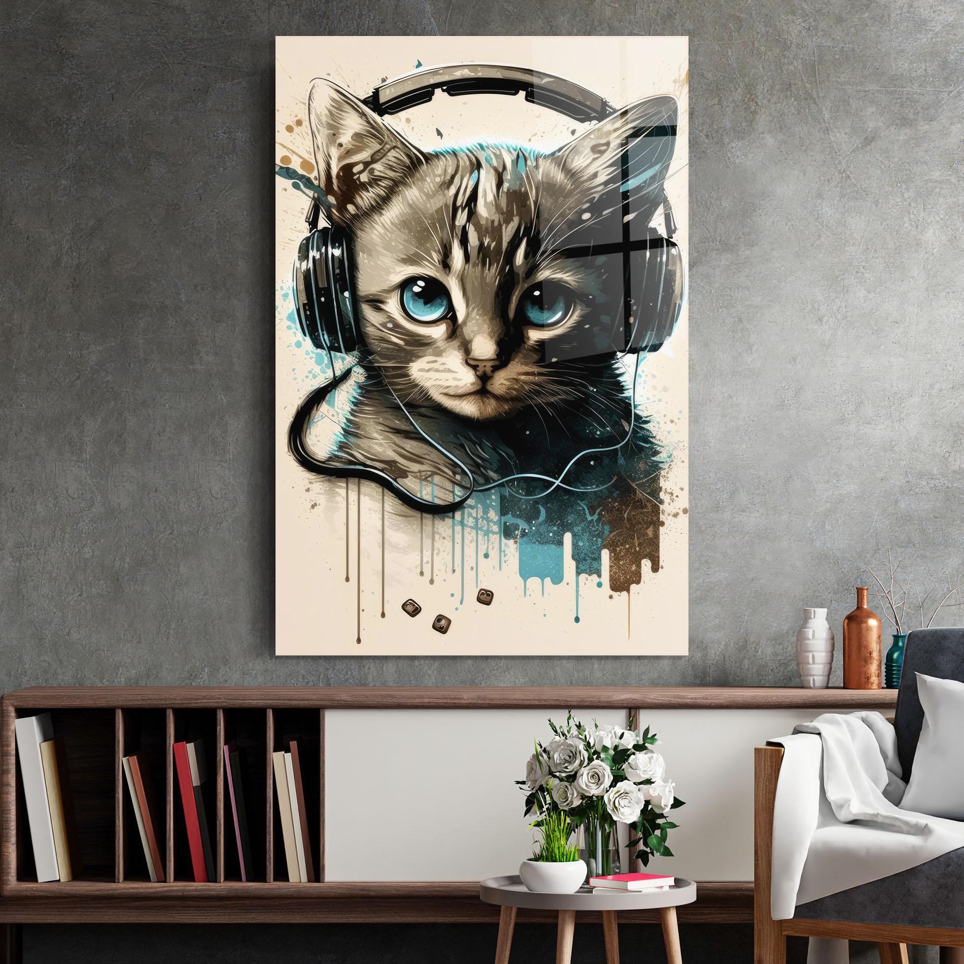 Tablou Sticla Headphones Cute Cat mockup 2