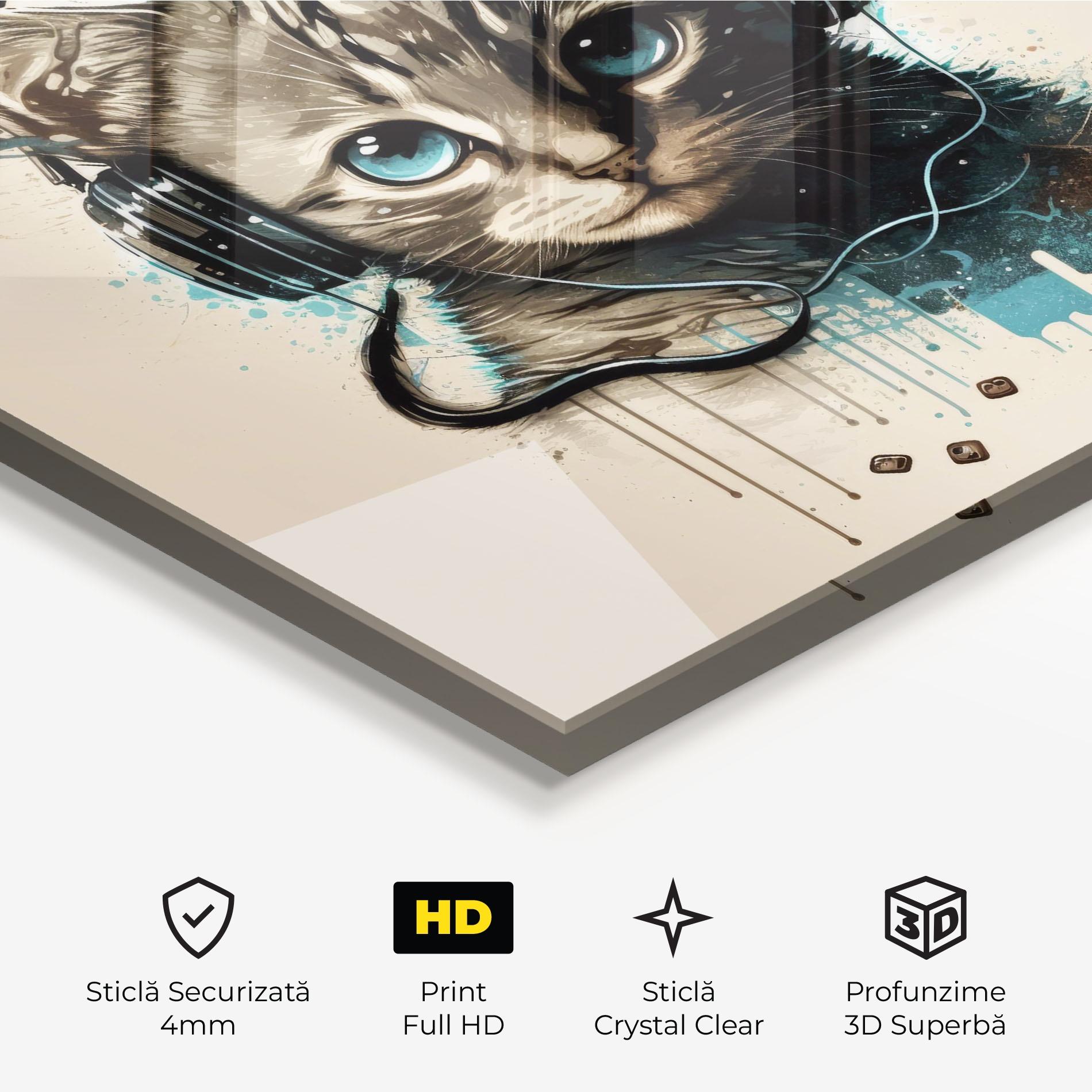 Tablou Sticla Headphones Cute Cat mockup 3