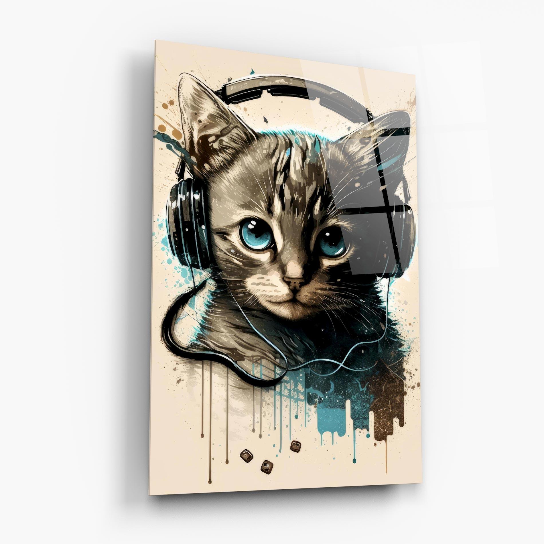 Tablou Sticla Headphones Cute Cat mockup 6