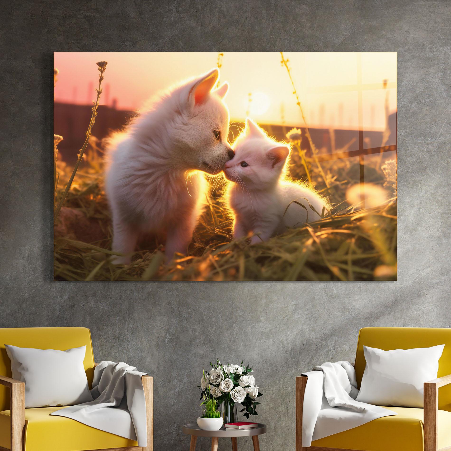 Tablou Sticla White Cat And Puppy mockup 4