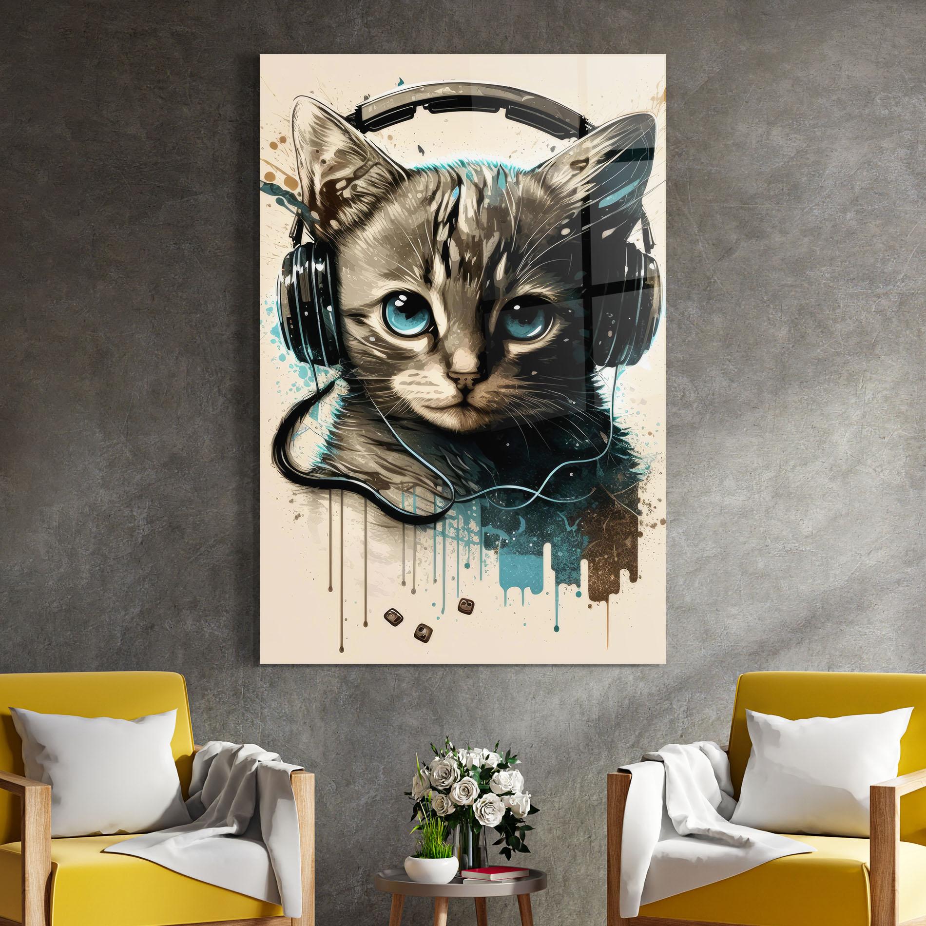 Tablou Sticla Headphones Cute Cat mockup 4