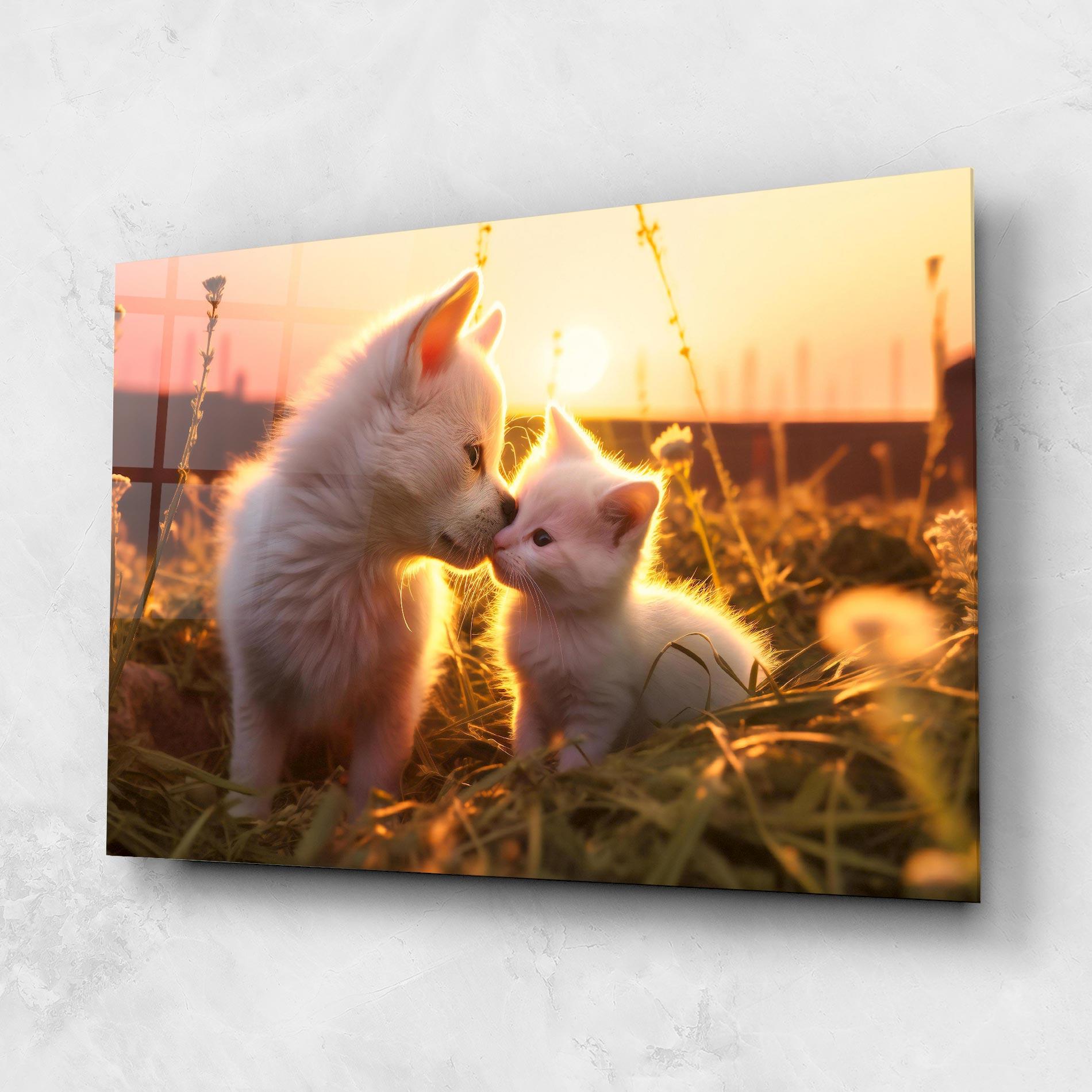 Tablou Sticla White Cat And Puppy mockup 1