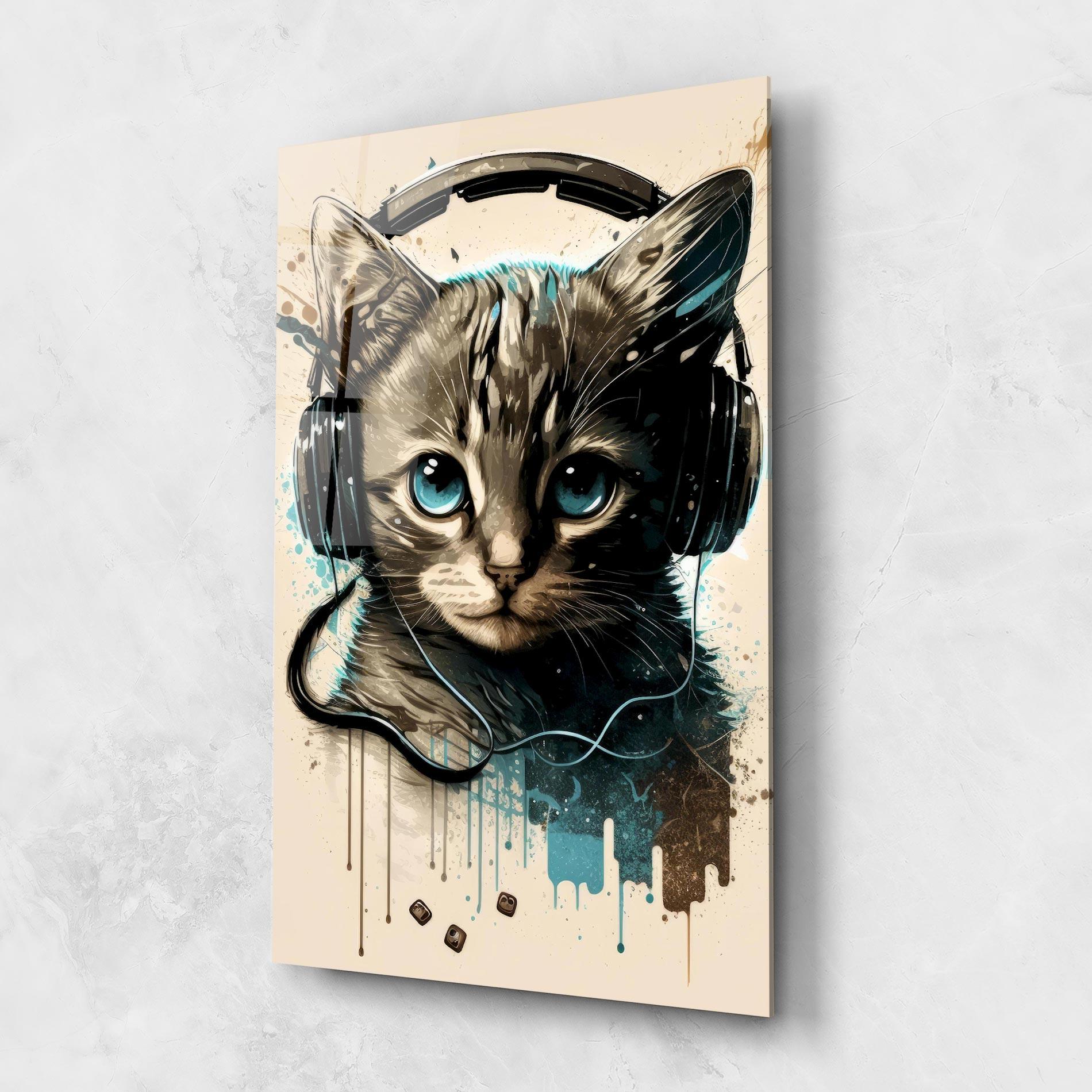 Tablou Sticla Headphones Cute Cat mockup 1