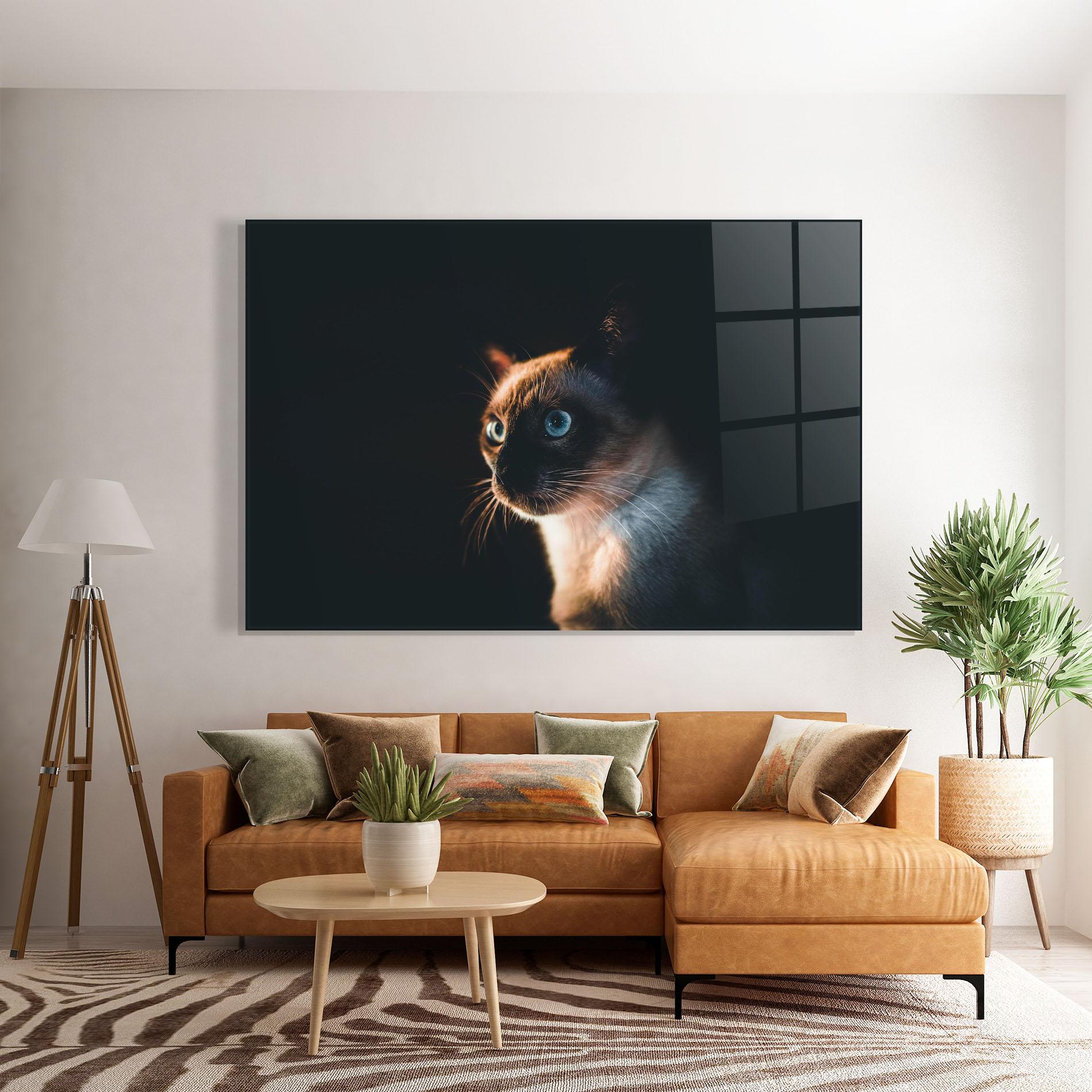 Tablou Sticla Blue Eyes Cat In Dark mockup 7