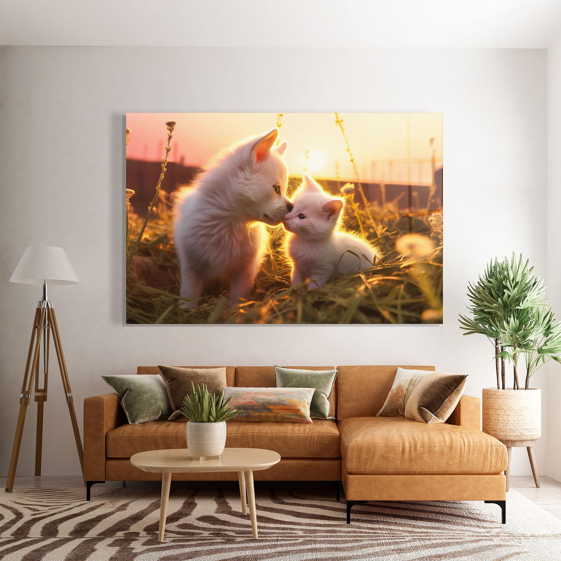Tablou Sticla White Cat And Puppy mockup 7