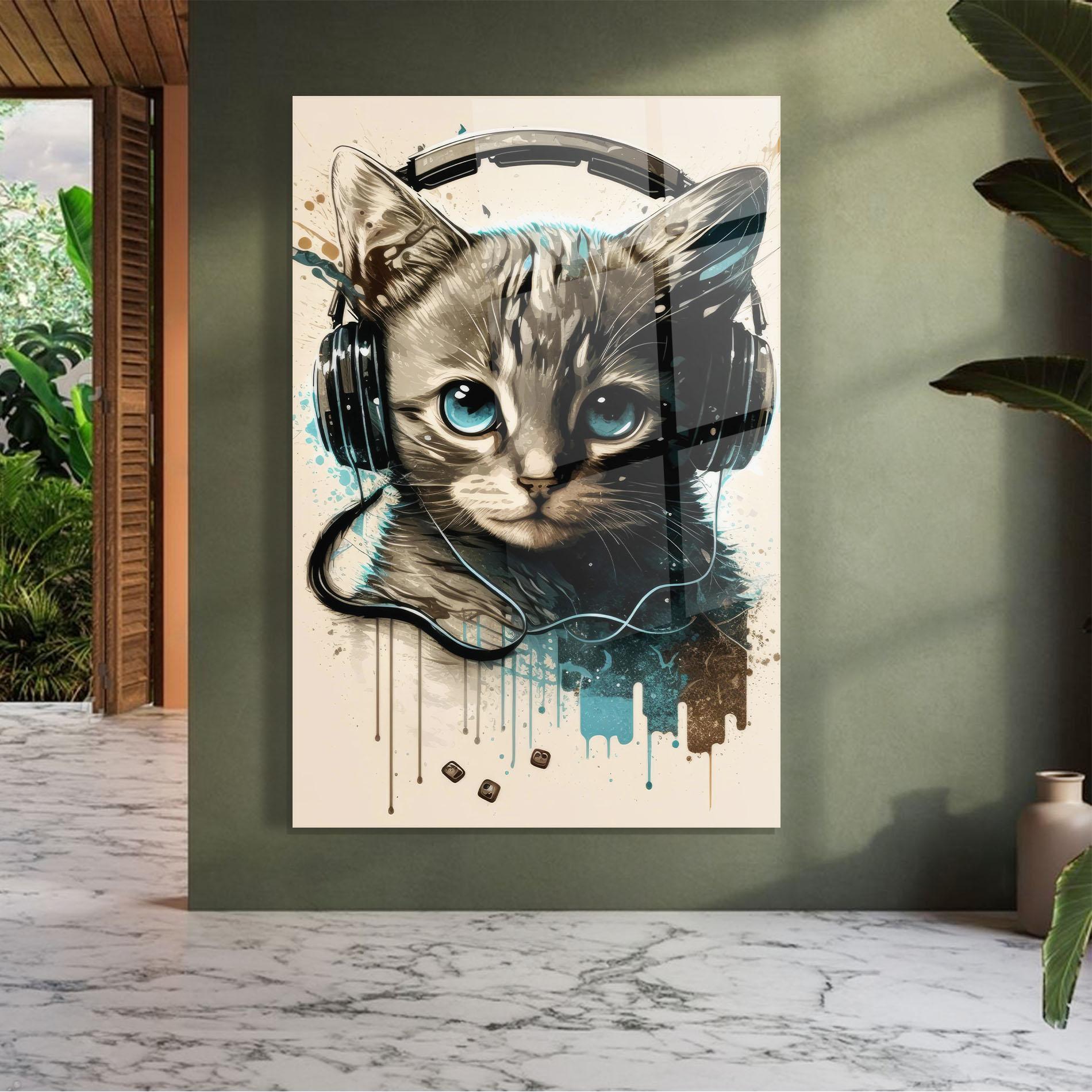 Tablou Sticla Headphones Cute Cat mockup 7