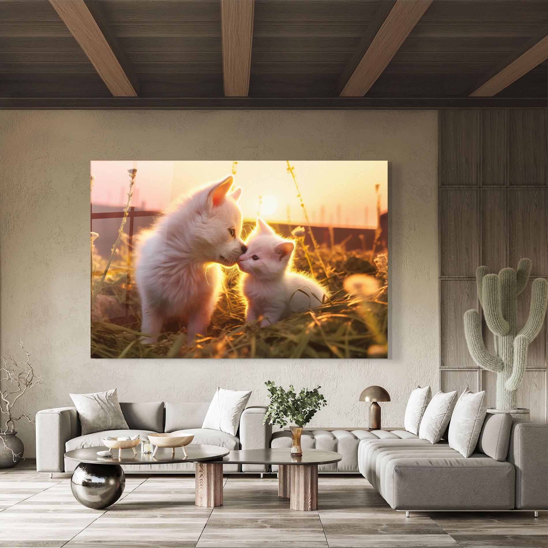 Tablou Sticla White Cat And Puppy mockup 8