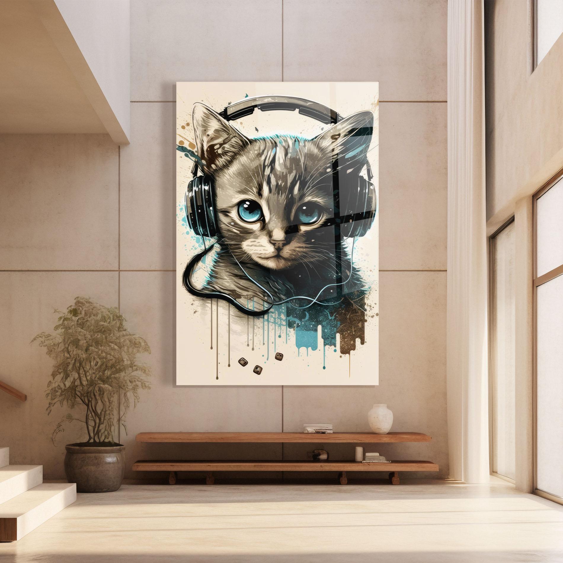 Tablou Sticla Headphones Cute Cat mockup 8
