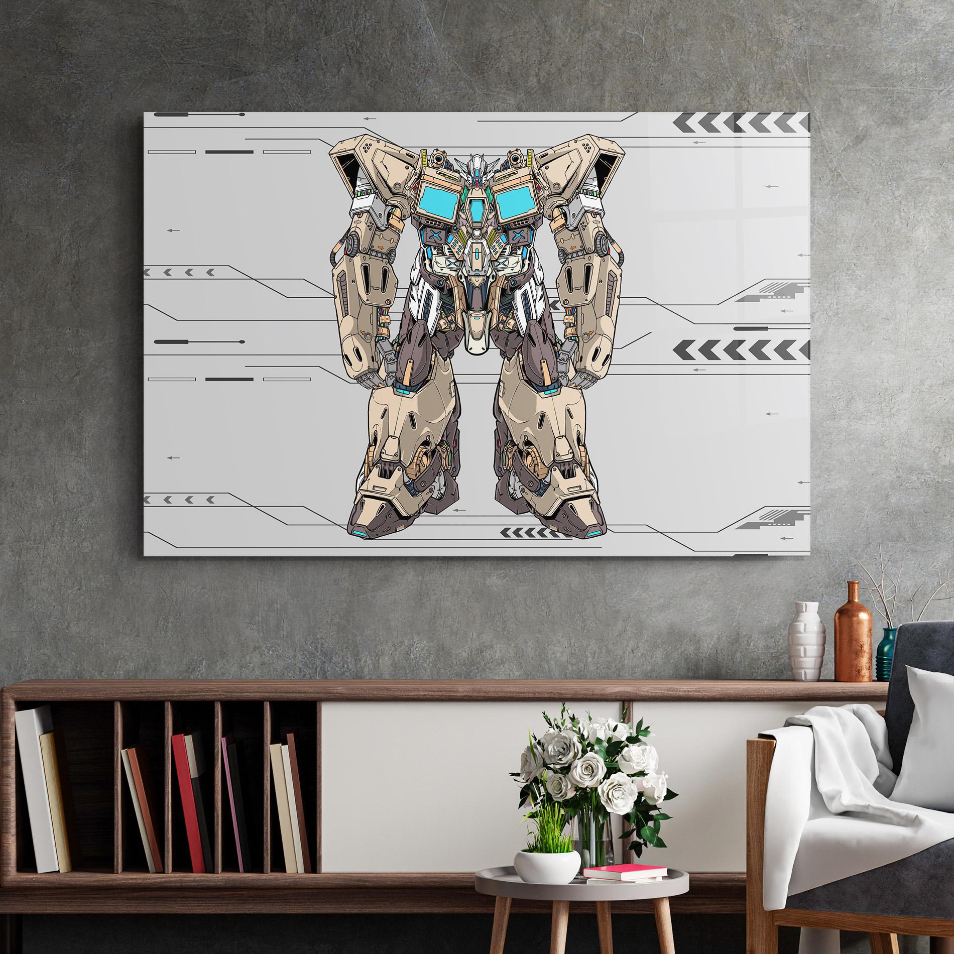 Tablou Sticla Cream Blue Robot mockup 2