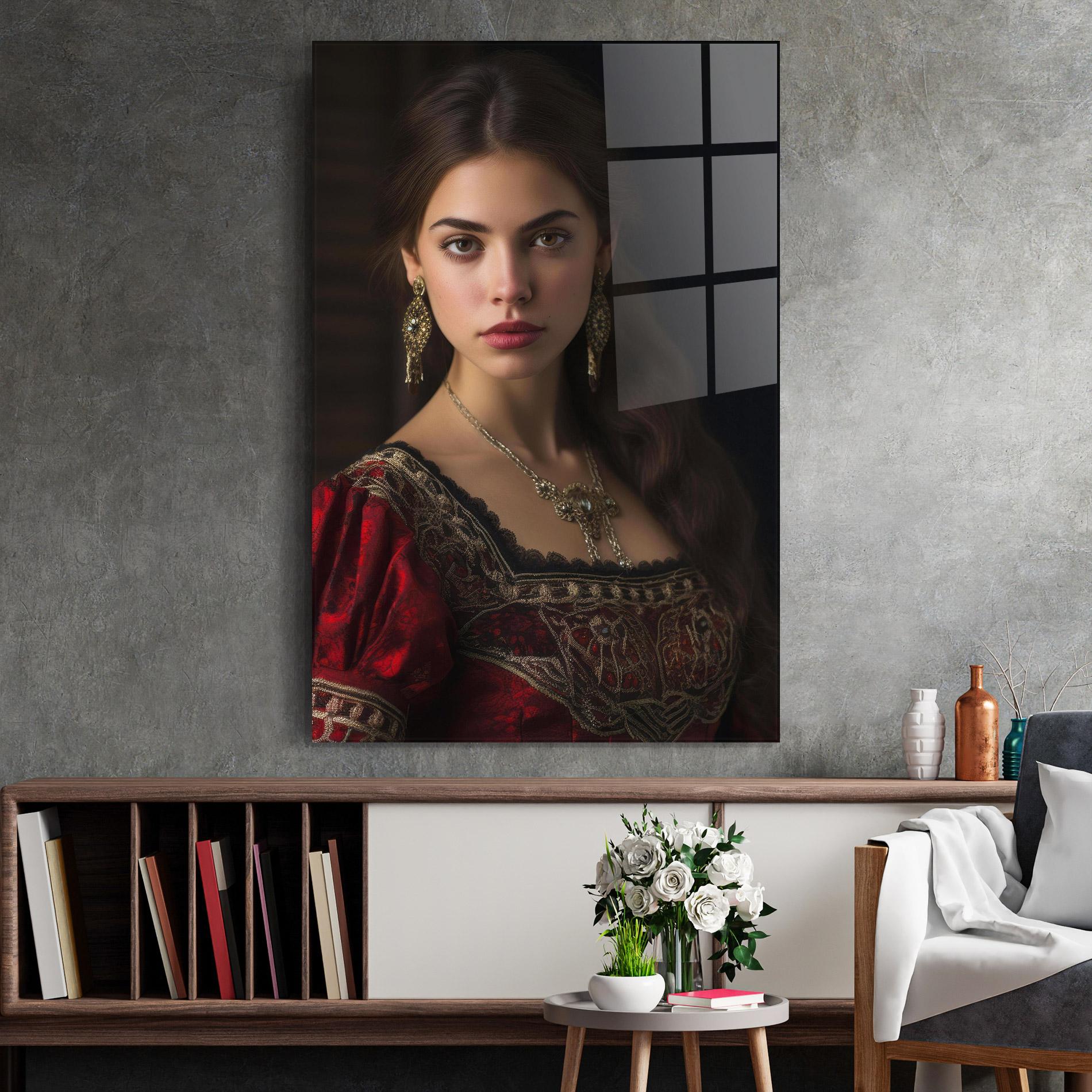 Tablou Sticla Gold Jewelry Red Dress mockup 2