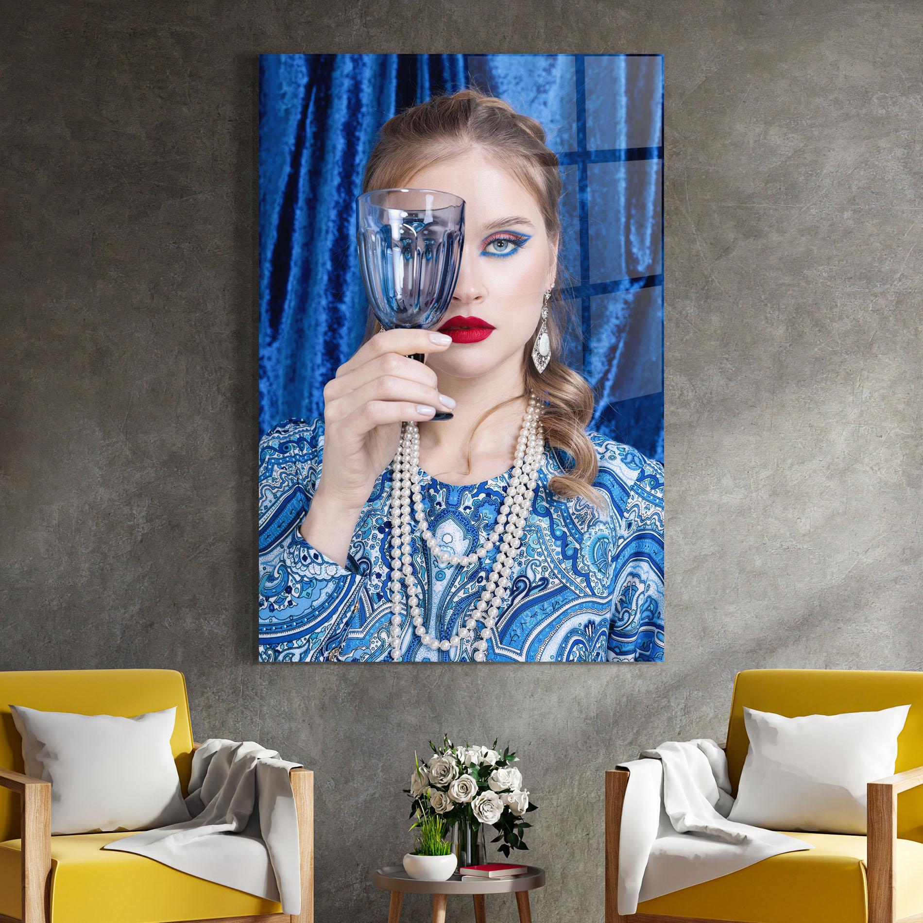 Tablou Sticla White Pearls On Blue mockup 4