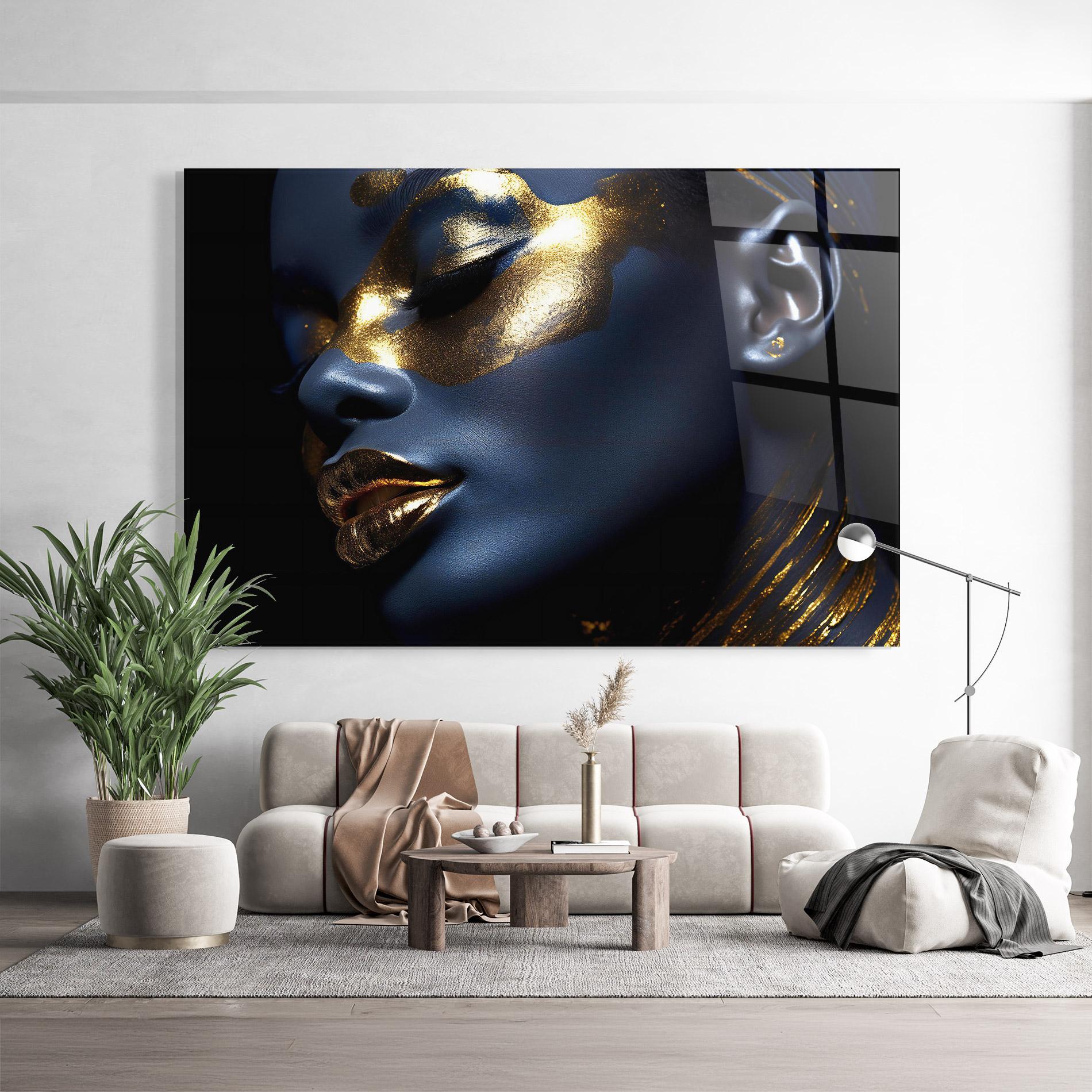 Tablou Sticla Blue Gold Face mockup 9