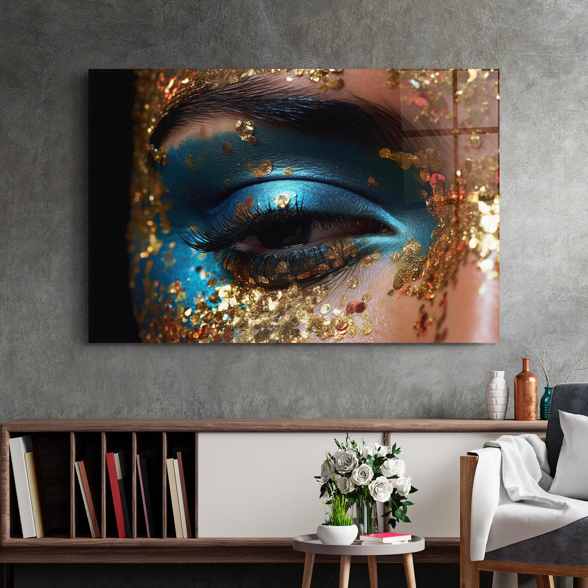 Tablou Sticla Blue Gold Glitter mockup 2