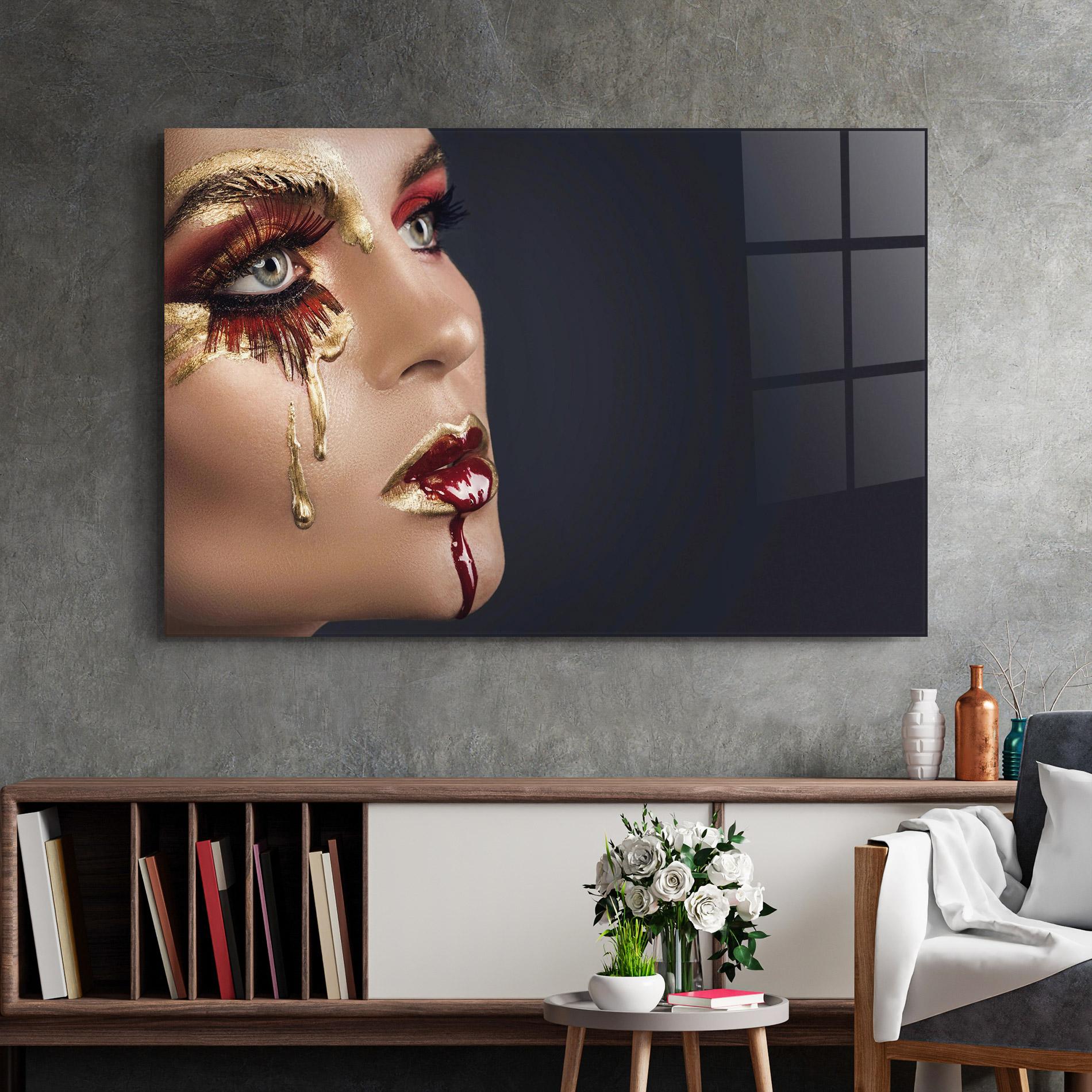 Tablou Sticla Gold Bloody Lips Makeup mockup 2