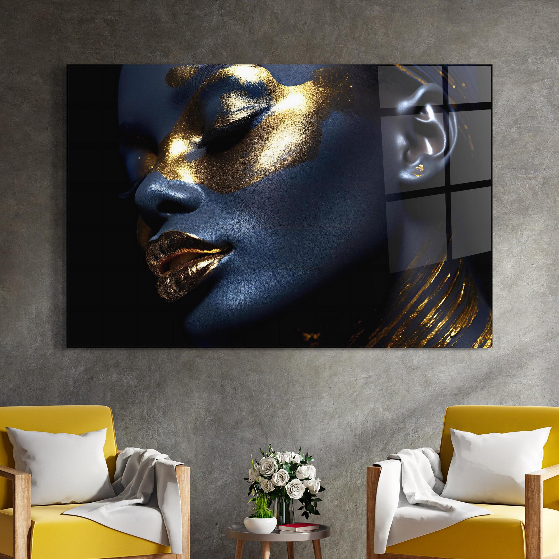 Tablou Sticla Blue Gold Face mockup 4