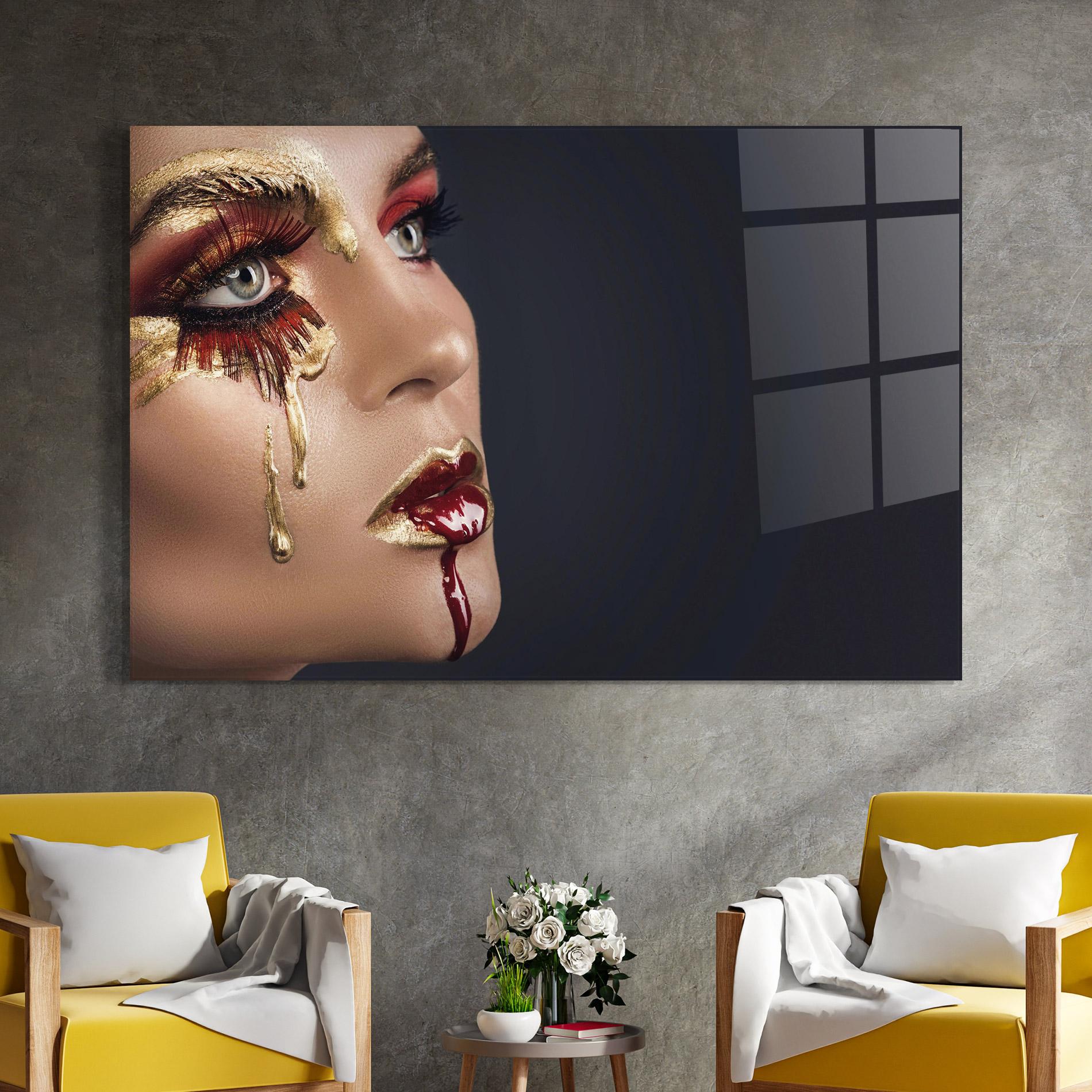 Tablou Sticla Gold Bloody Lips Makeup mockup 4
