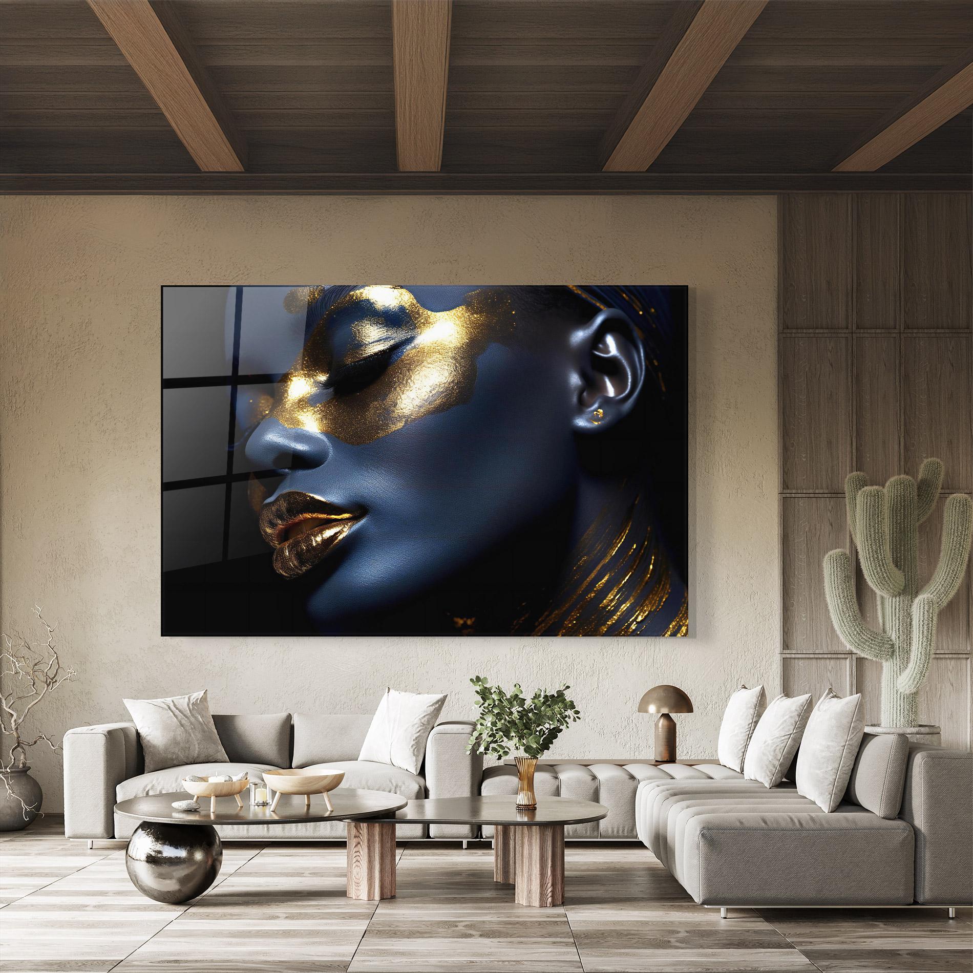 Tablou Sticla Blue Gold Face mockup 8