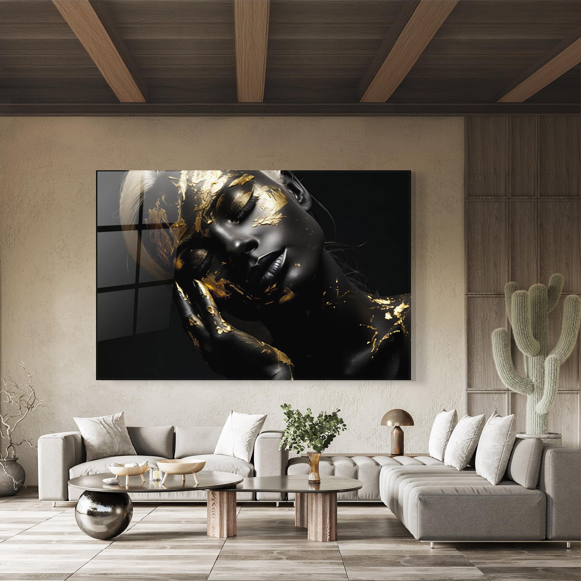 Tablou Sticla Gold Makeup On Black mockup 8