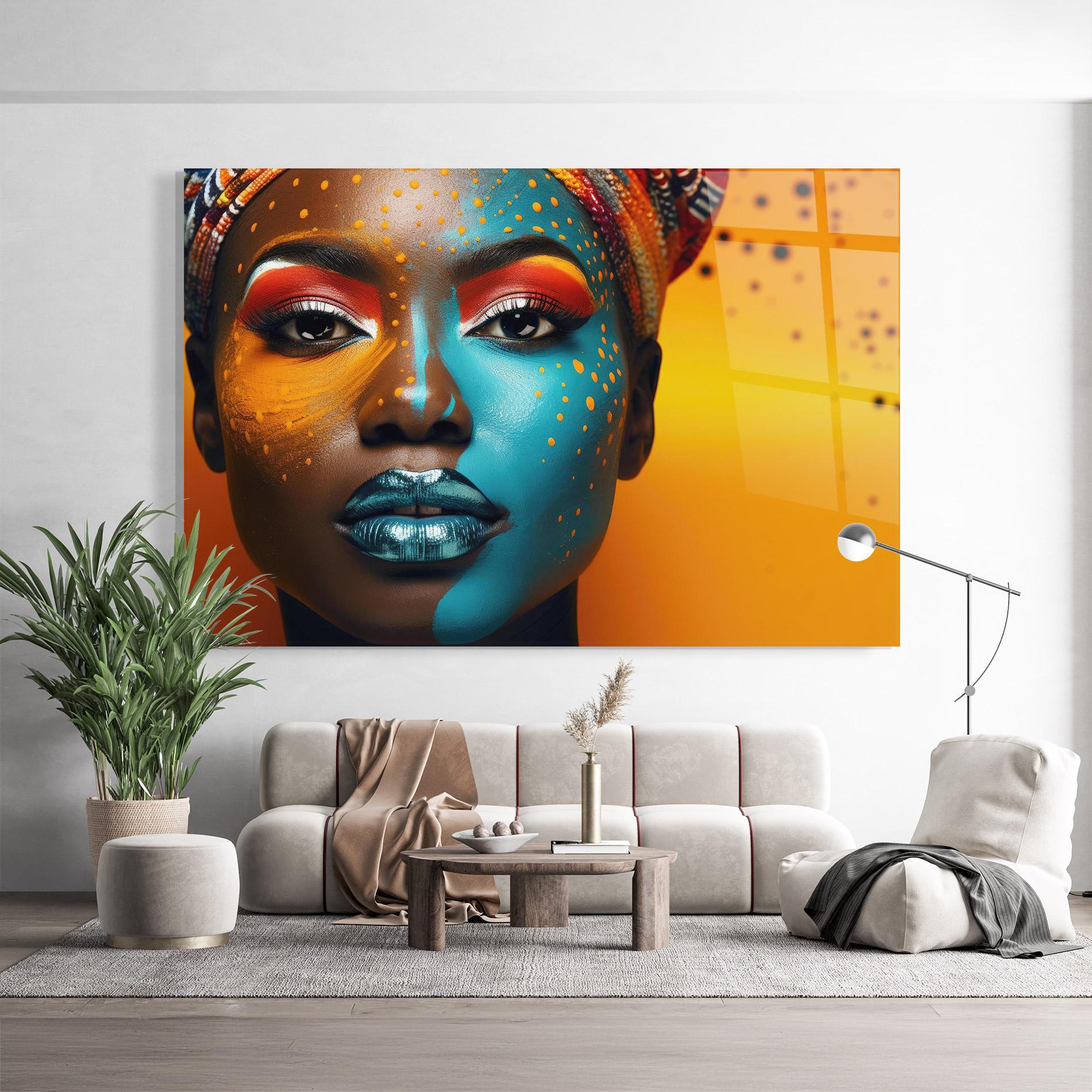 Tablou Sticla Blue Brown Skin Woman mockup 9