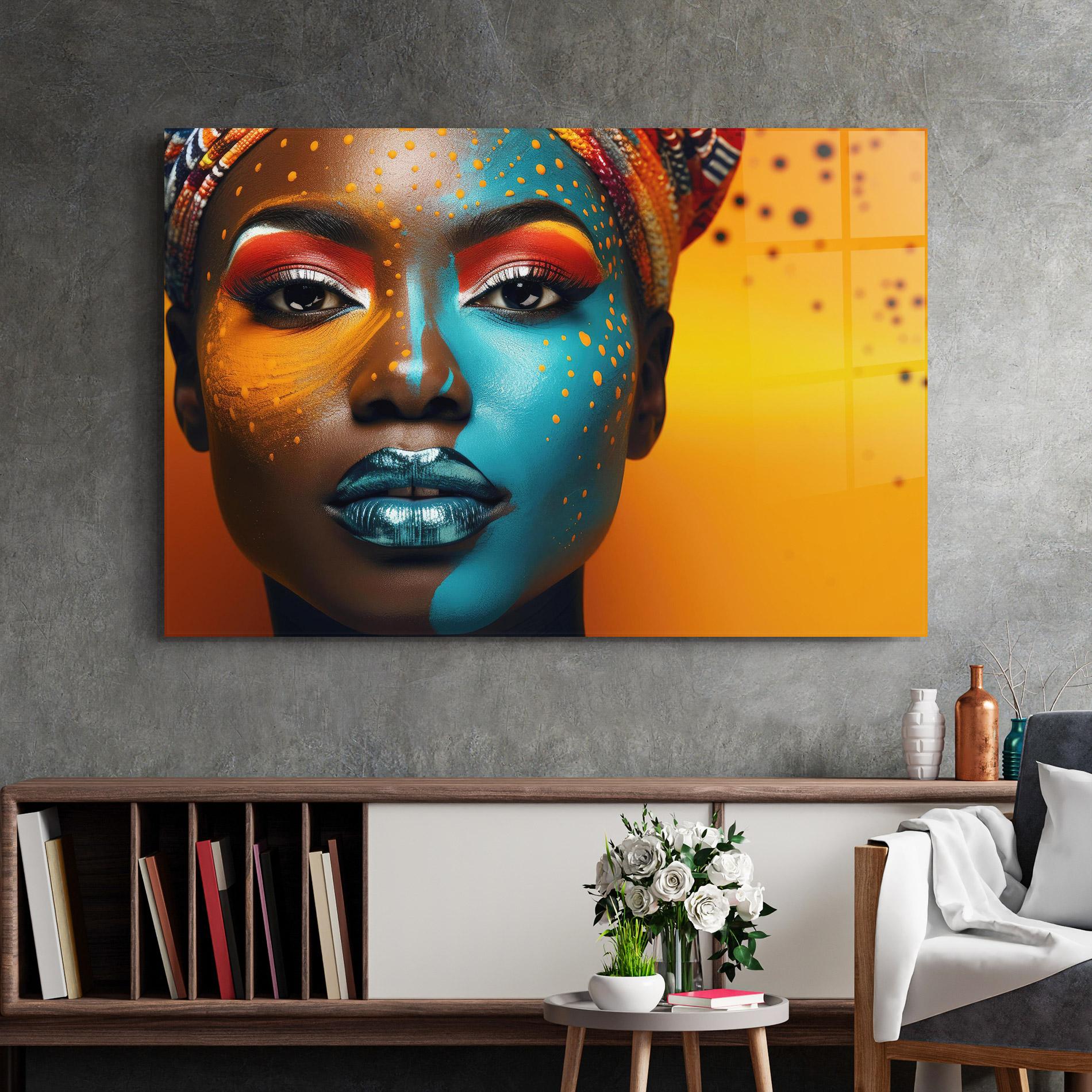 Tablou Sticla Blue Brown Skin Woman mockup 2