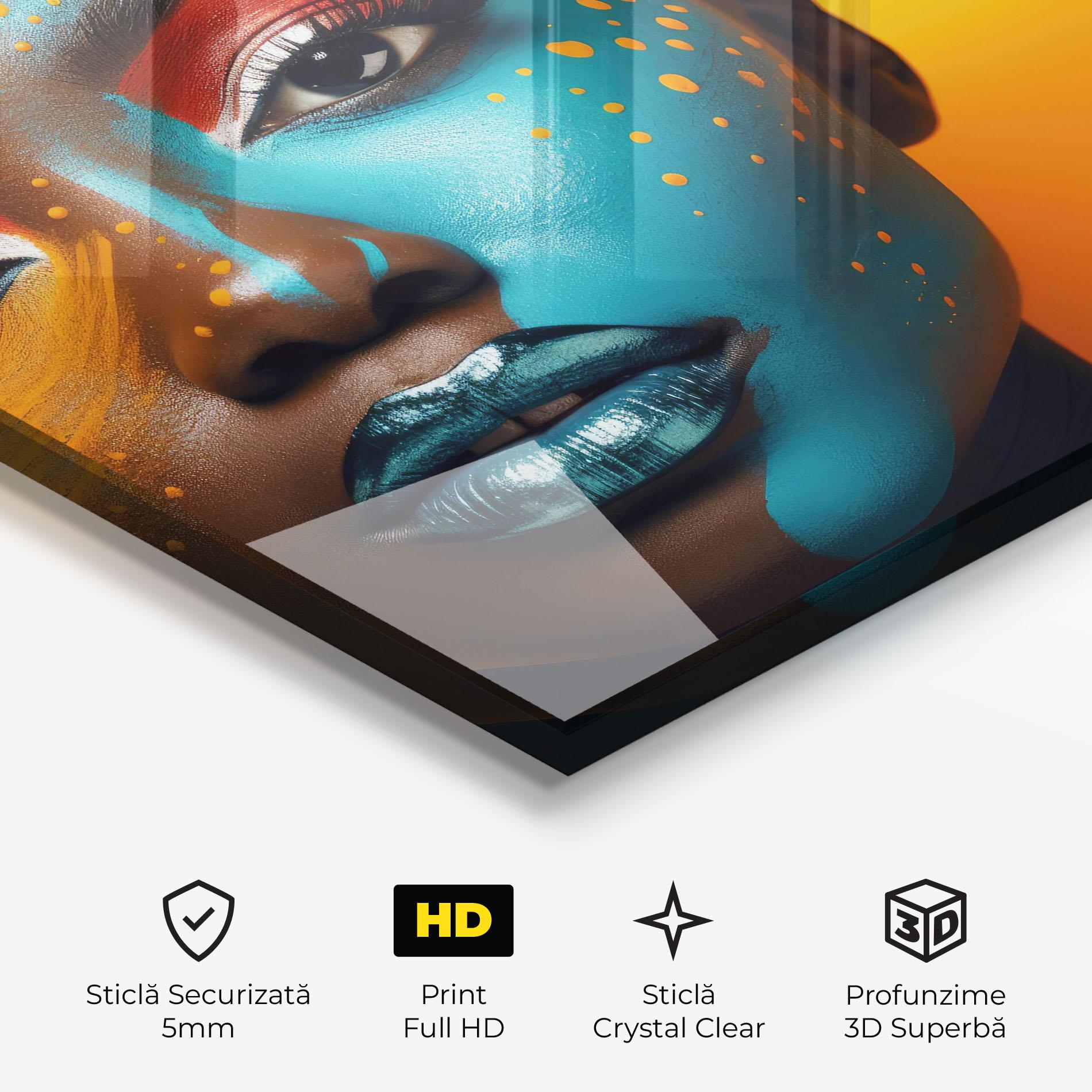 Tablou Sticla Blue Brown Skin Woman mockup 3