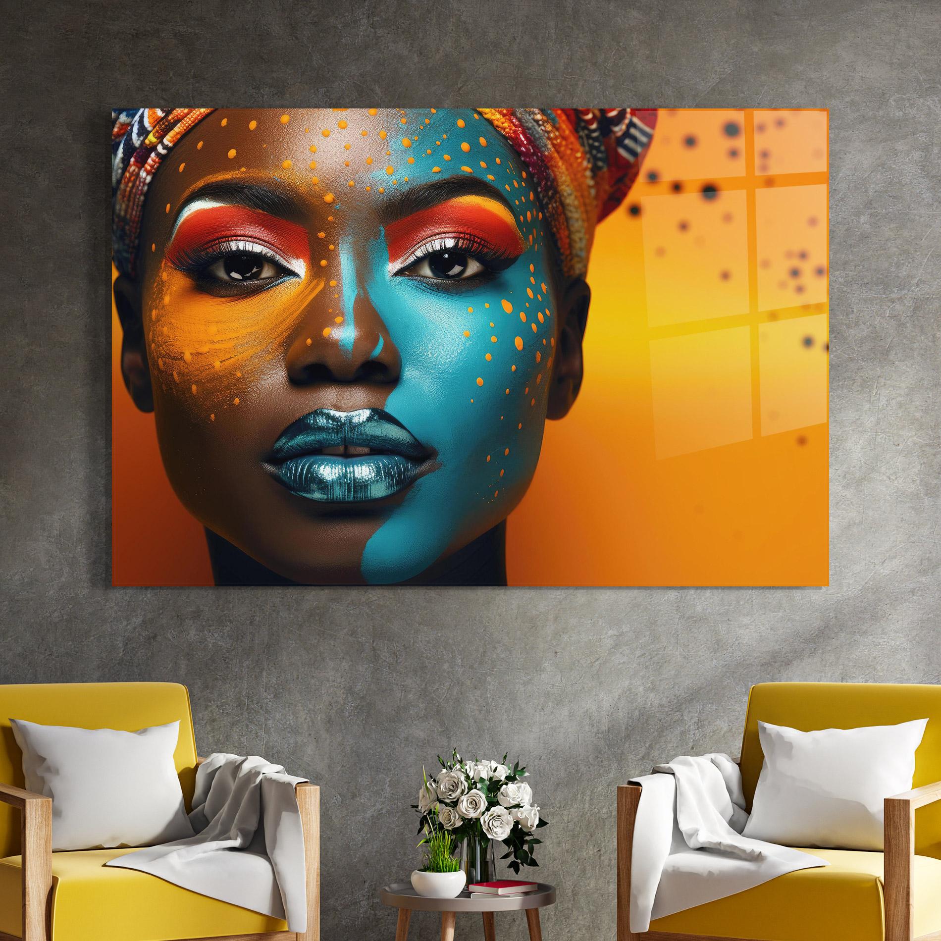 Tablou Sticla Blue Brown Skin Woman mockup 4