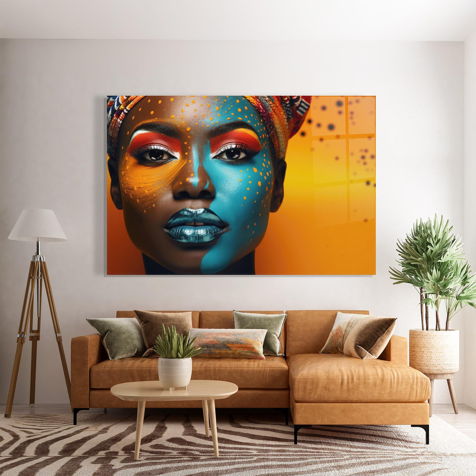 Tablou Sticla Blue Brown Skin Woman mockup 7