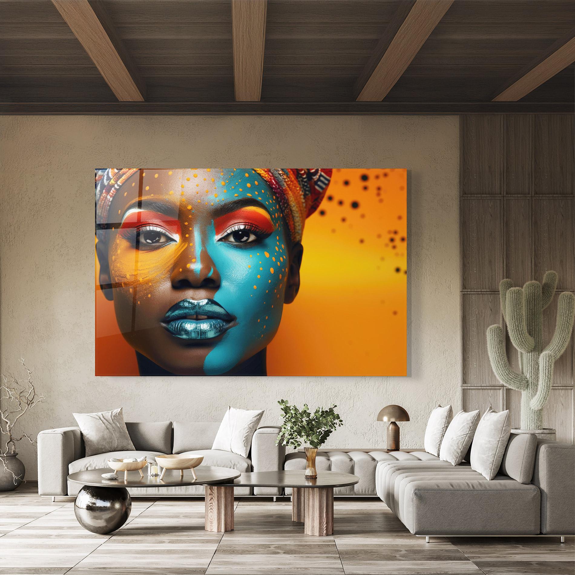 Tablou Sticla Blue Brown Skin Woman mockup 8