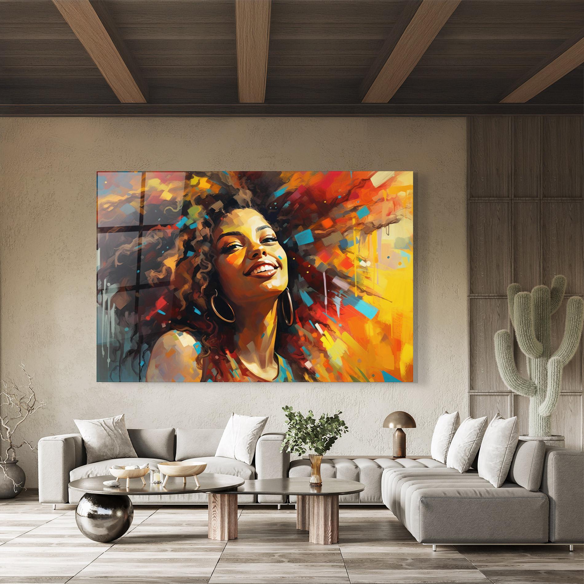 Tablou Sticla Cheerful African Woman mockup 8