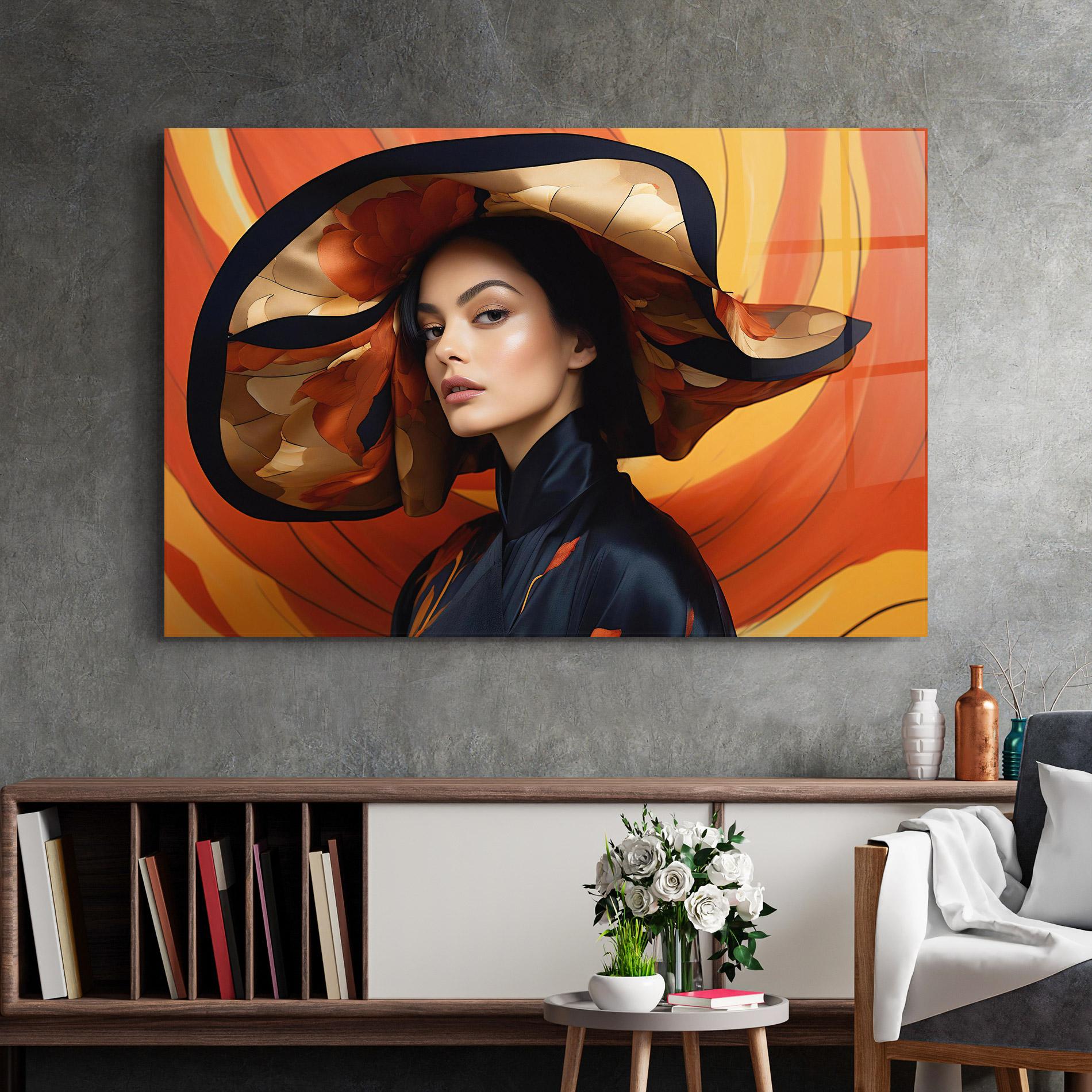 Tablou Sticla Elegant Hat Woman mockup 2