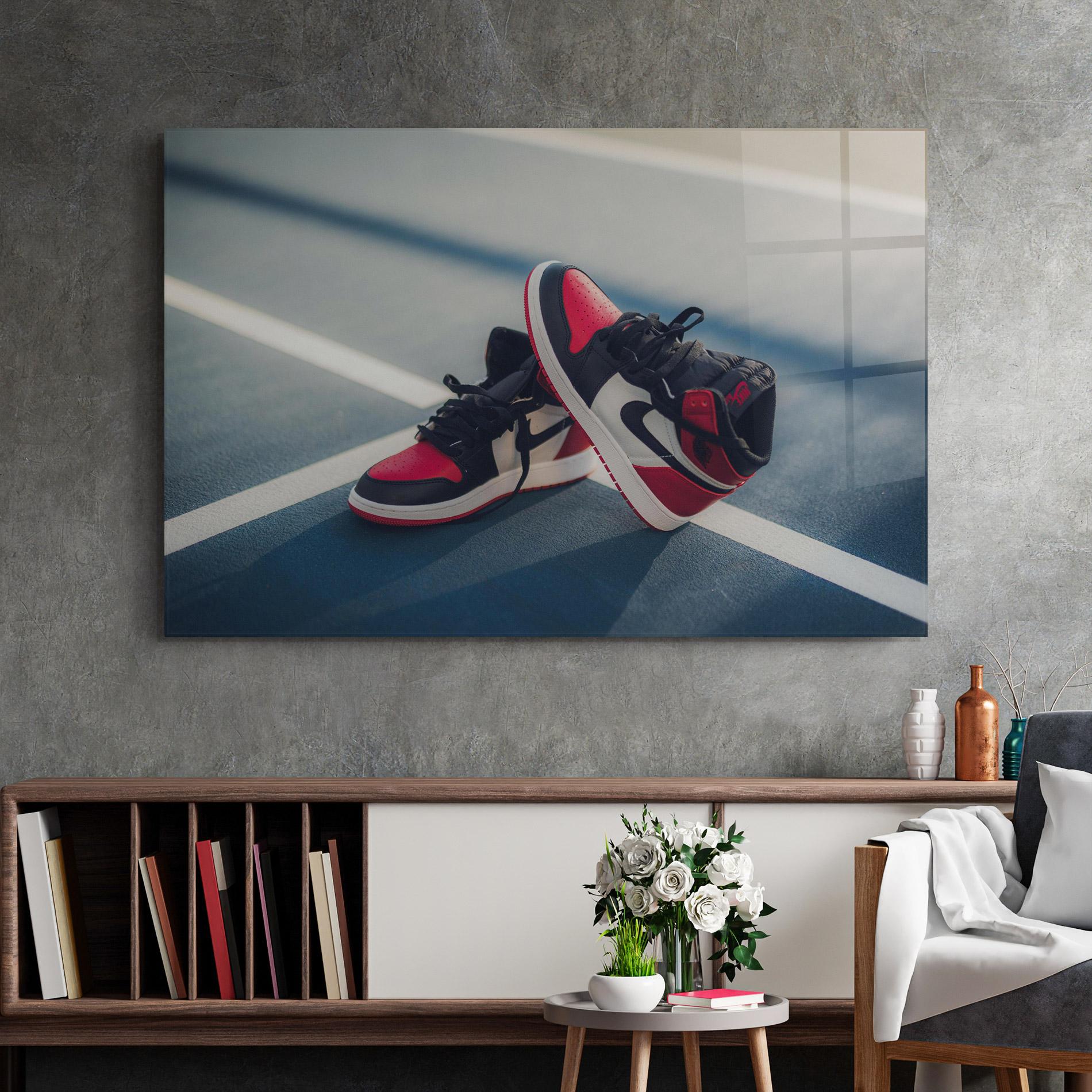 Tablou Sticla Cool Nike Red Jordan Air mockup 2