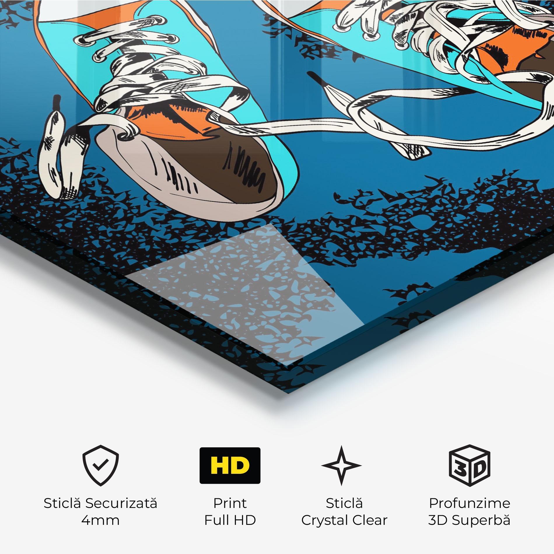 Tablou Sticla Blue Shoes Splash mockup 3