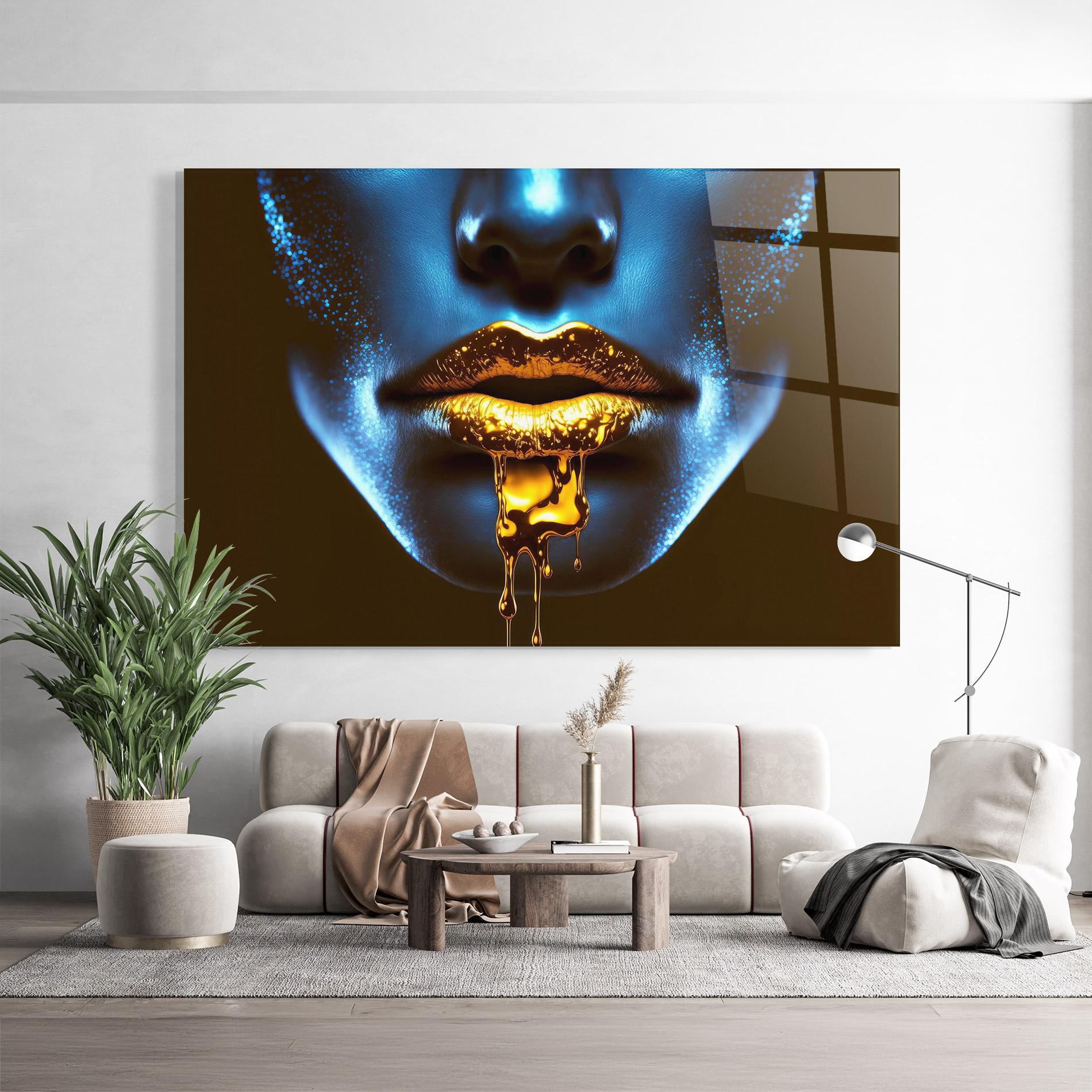 Tablou Sticla Blue Gold Lips mockup 9